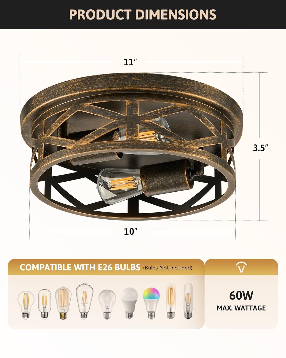 VONLUCE Flush Mount Ceiling Lights, 2-Light Hallway Ceiling Lighting Fixtures, 11 inch Farmhouse Metal Cage Ceiling Lights for Entryway Kitchen, Adjustable Lamp Holders, ETL, 2 pcs, Oil-Rubbed Bronze