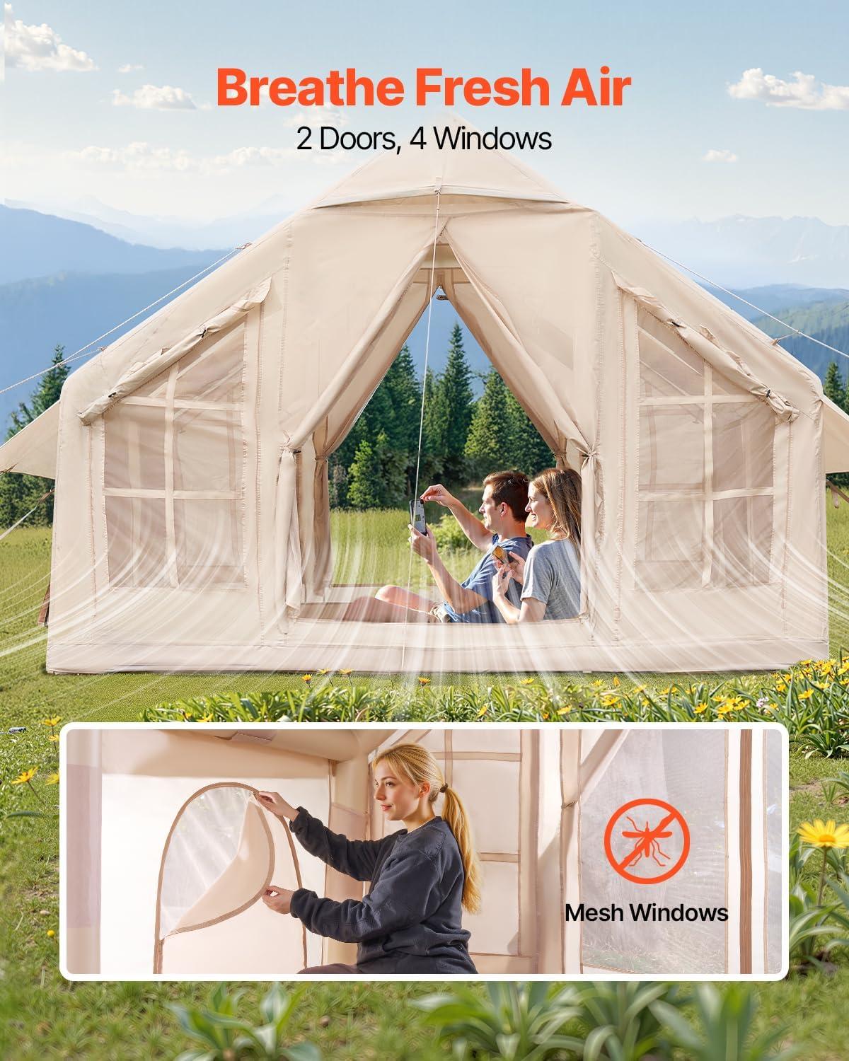 VEVOR Inflatable Tents for Camping, 4-6 Person Easy Setup Blow up Tent with Hand Pump,300D Oxford 4 Season Glamping Tent with Stove Jack 2 Doors & 4 Mesh Windows,Storage Bag Included for Easy Taking