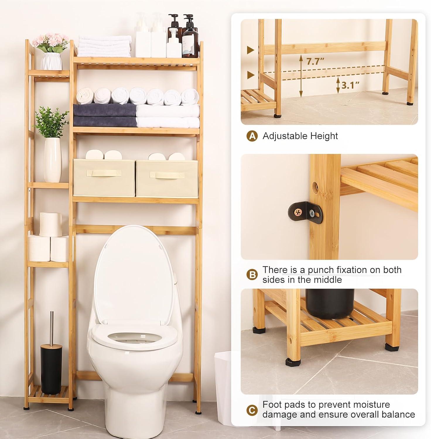 Over The Toilet Storage with Basket and Drawer, with Adjustable Shelf & Waterproof Feet Pad