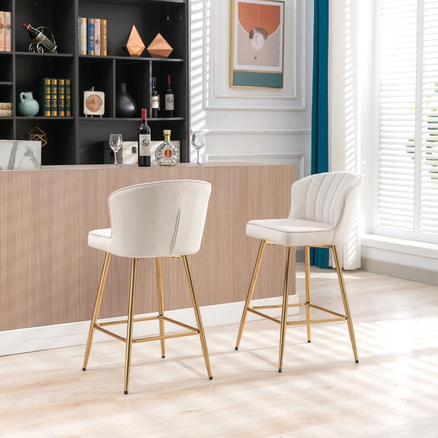Counter Height Stools Set of 2, Velvet Bar Stools with 27 Inches Upholstered Seat Height, Handmade Woven Back Armrest, Sturdy Golden Metal Legs for Home Dining Pub Kitchen Island, Beige