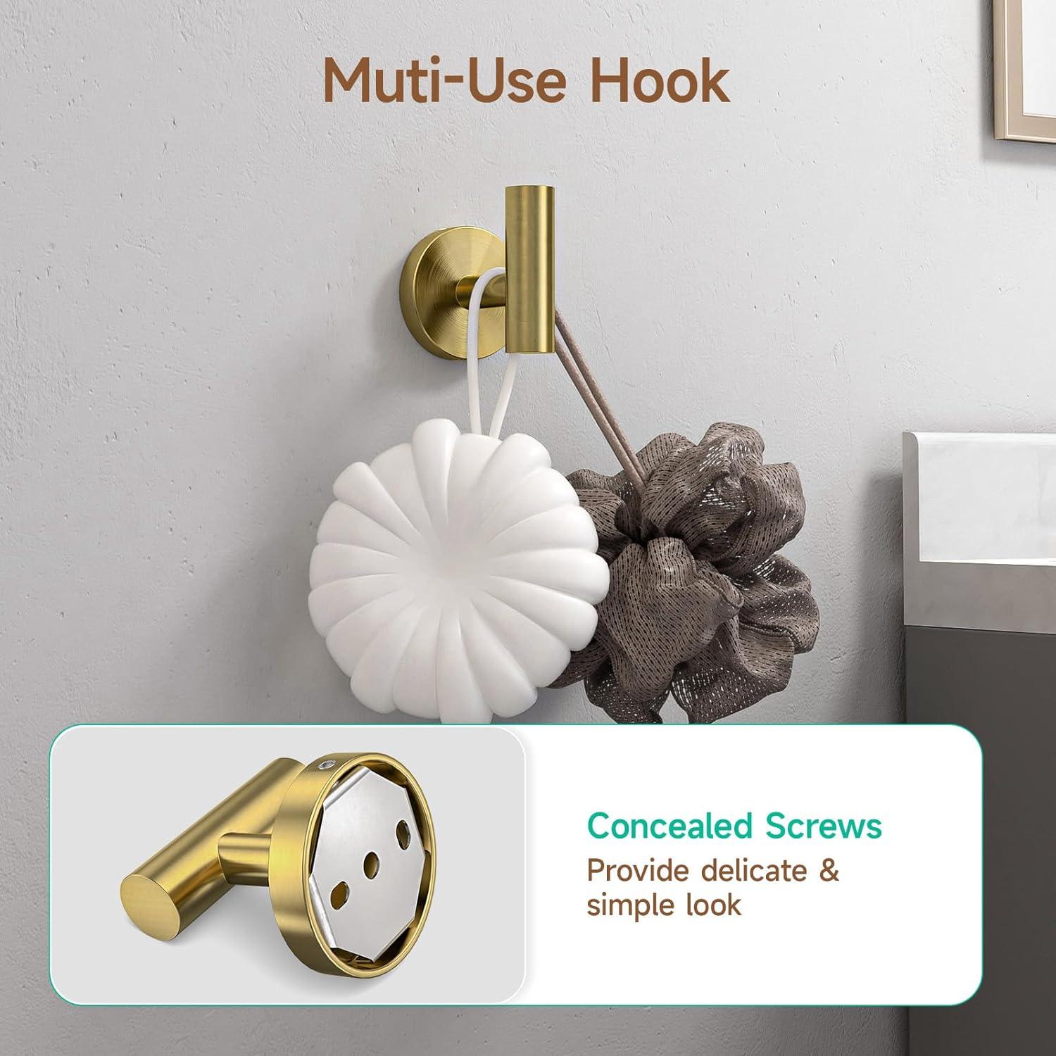 USHOWER Brushed Gold Bathroom Accessories Set, 24-Inch Towel Bar Set Wall Mounted, Durable SUS304 Stainless Steel Bathroom Hardware Set, 4-Piece