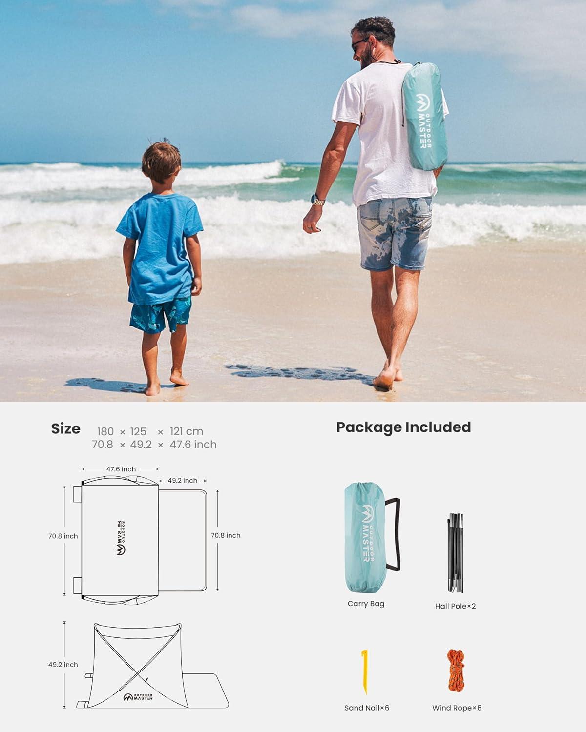 OutdoorMaster Beach Tent for 3-4 Person - Easy Setup and Portable Beach Shade Sun Shelter Canopy with UPF 50+ UV Protection Removable Skylight Family Size-Green