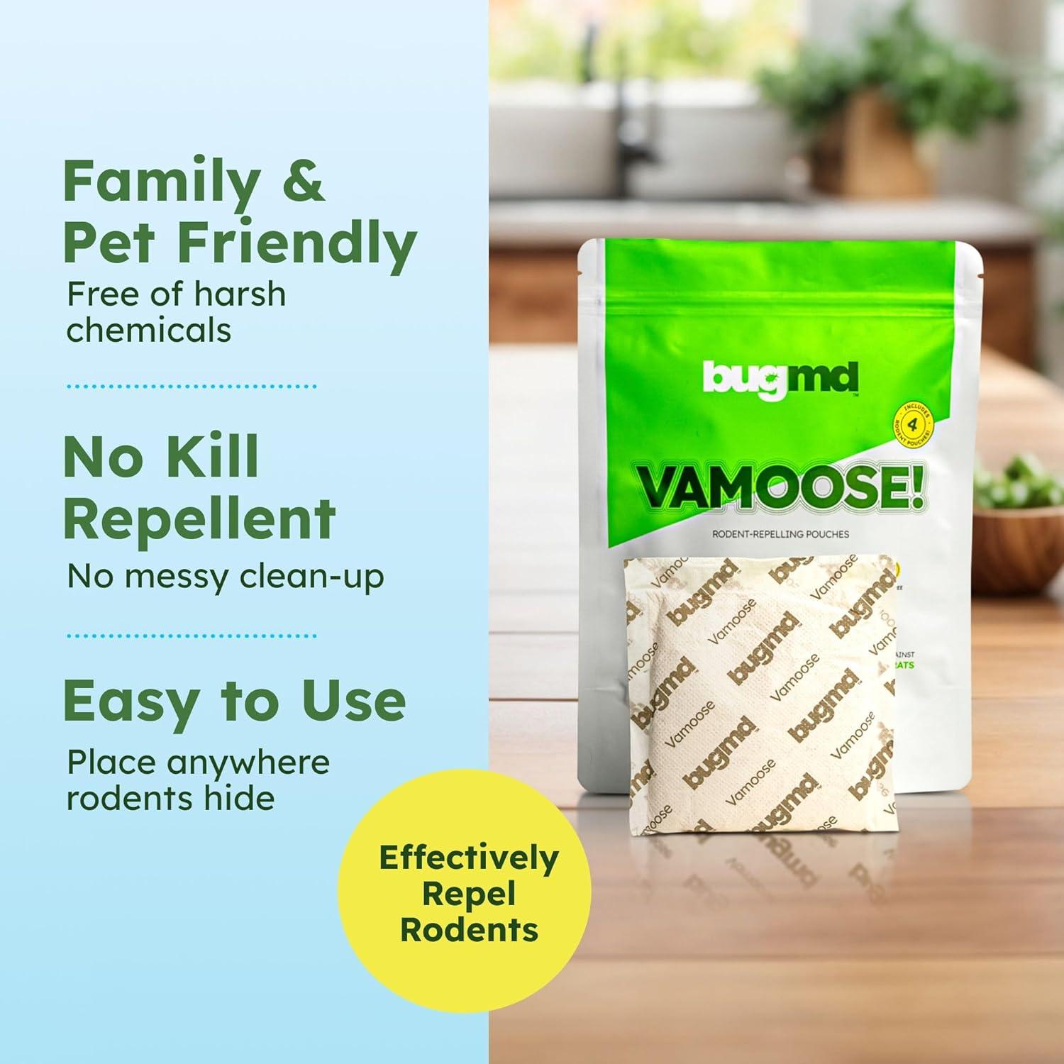 BugMD Vamoose - Rodent Repellent Pouches (1 Pack, 4 Pouches), Plant-Powered Rat Repellent, Rodent Defense Mice Repellent, Rat Repellent, Mouse Deterrent Indoor