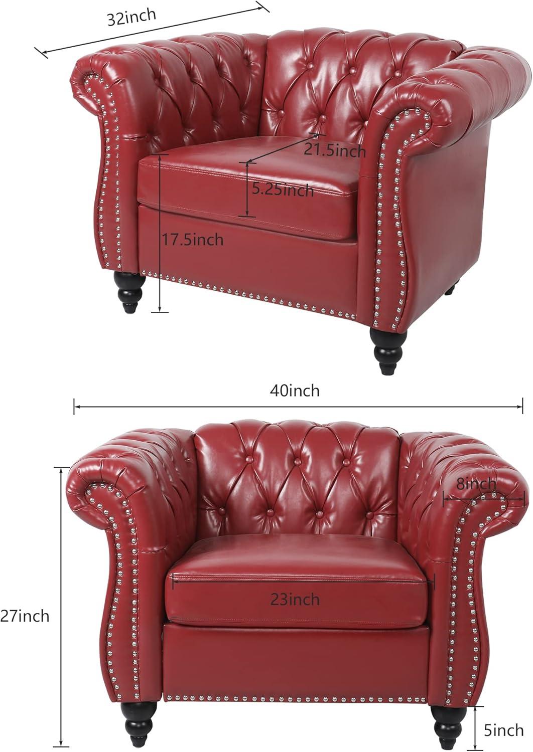 Red Faux Leather Chesterfield Armchair with Nailhead Trim