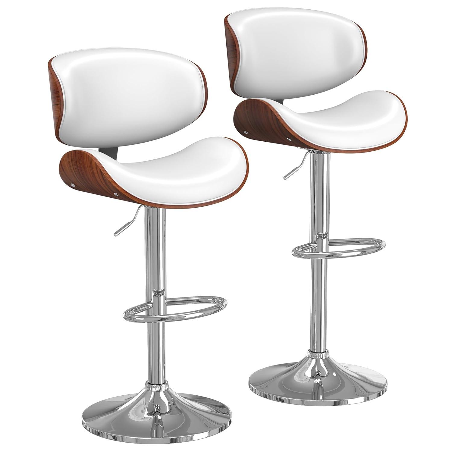 Fijinhom Bar Stools Set of 2, Adjustable Swivel Barstools with Bentwood Back & Leather Seat for Kitchen, Bar, Dining Room