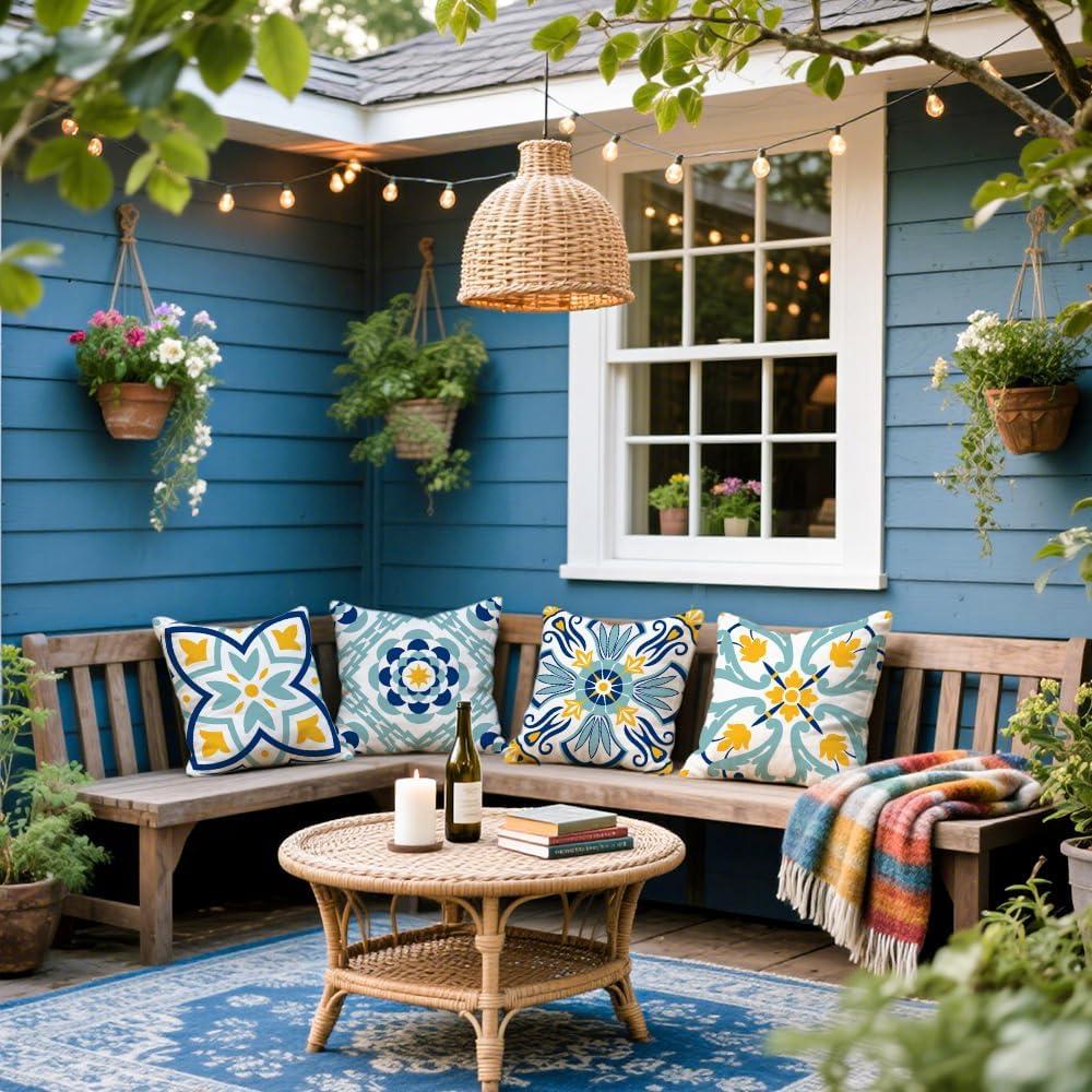 Outdoor Pillows, Outdoor Pillow Covers 18x18 Set of 4 Waterproof Decorative Throw Pillow Covers Boho Decorations for Patio, Garden, Balcony