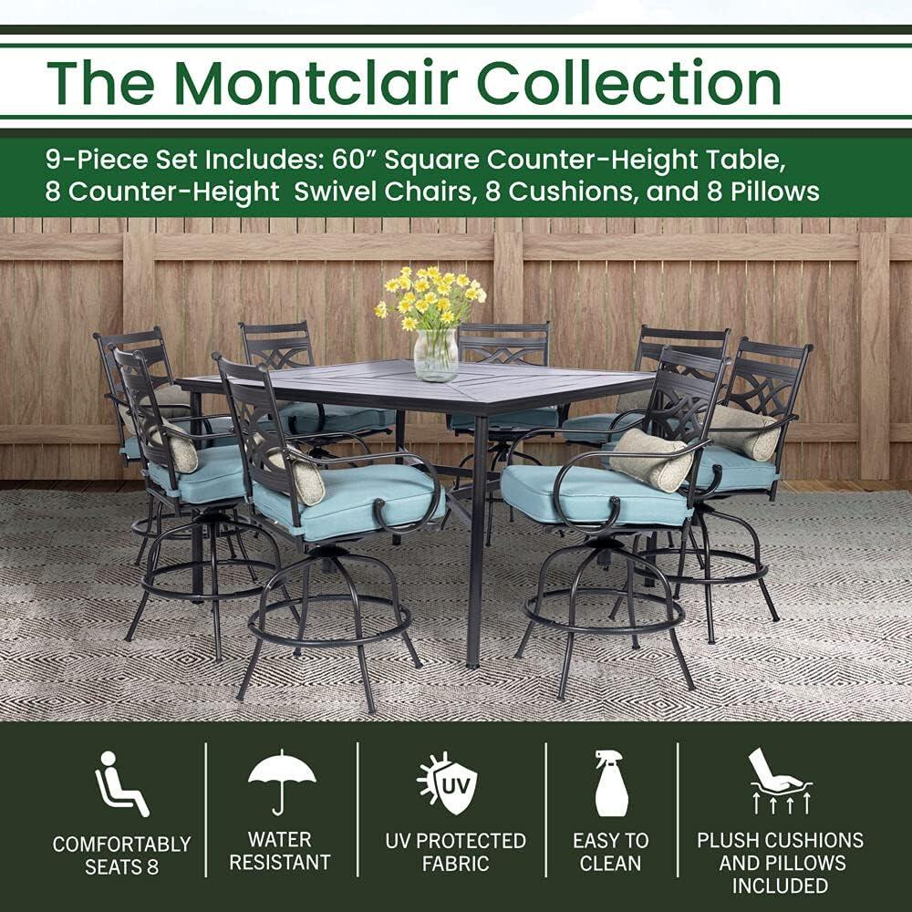Hanover Montclair 9-Piece High-Dining Set in Ocean Blue with 8 Counter-Height Swivel Chairs and 60-Inch Square Table