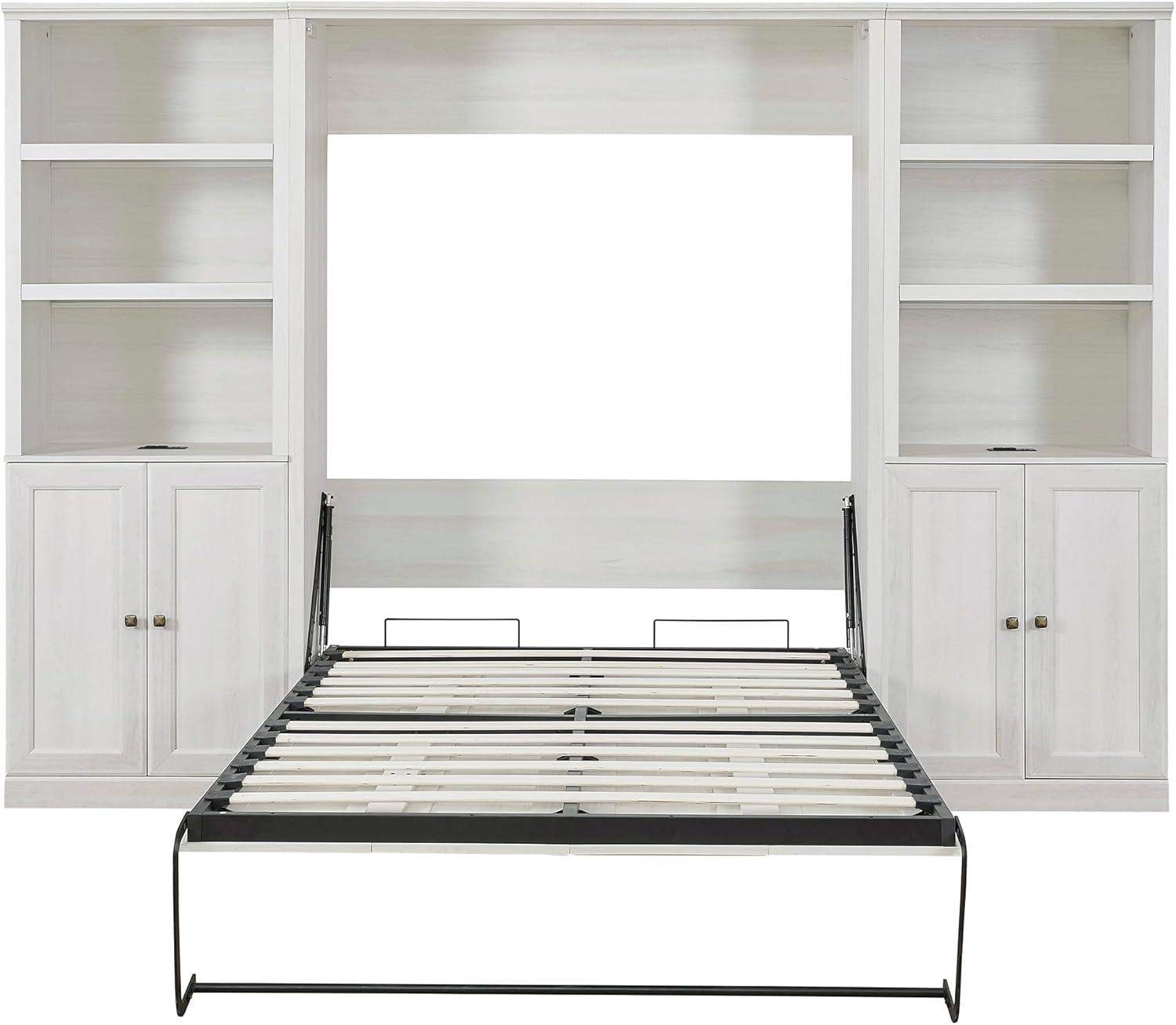 Rustic White Full Size Murphy Bed with Storage and USB Ports