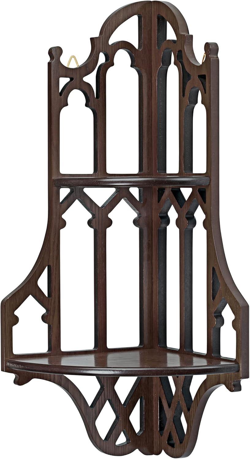 Gothic Walnut Wood Corner Wall Shelf with Intricate Carvings