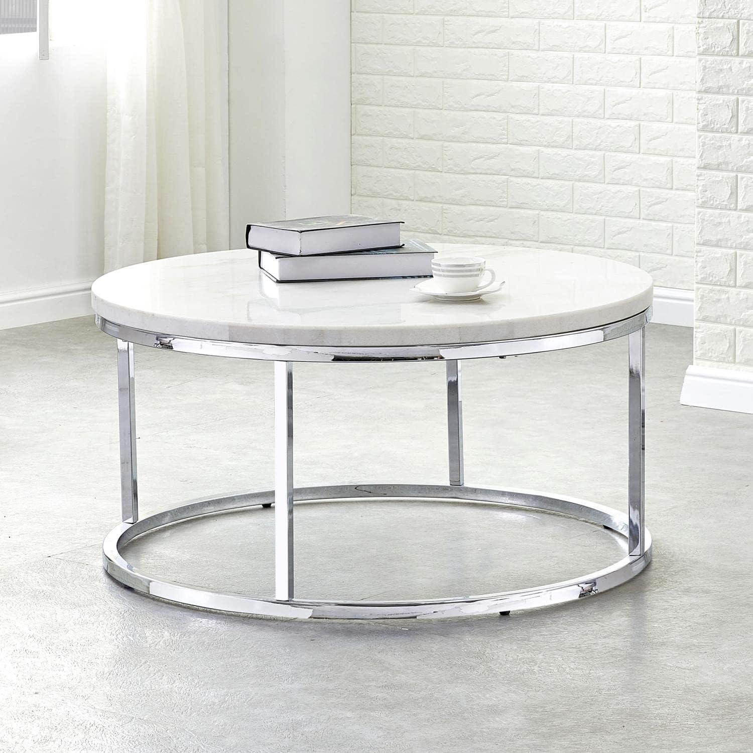 Echo Round Cocktail Table White - Steve Silver Co.: Chrome Base, 36" Modern Design