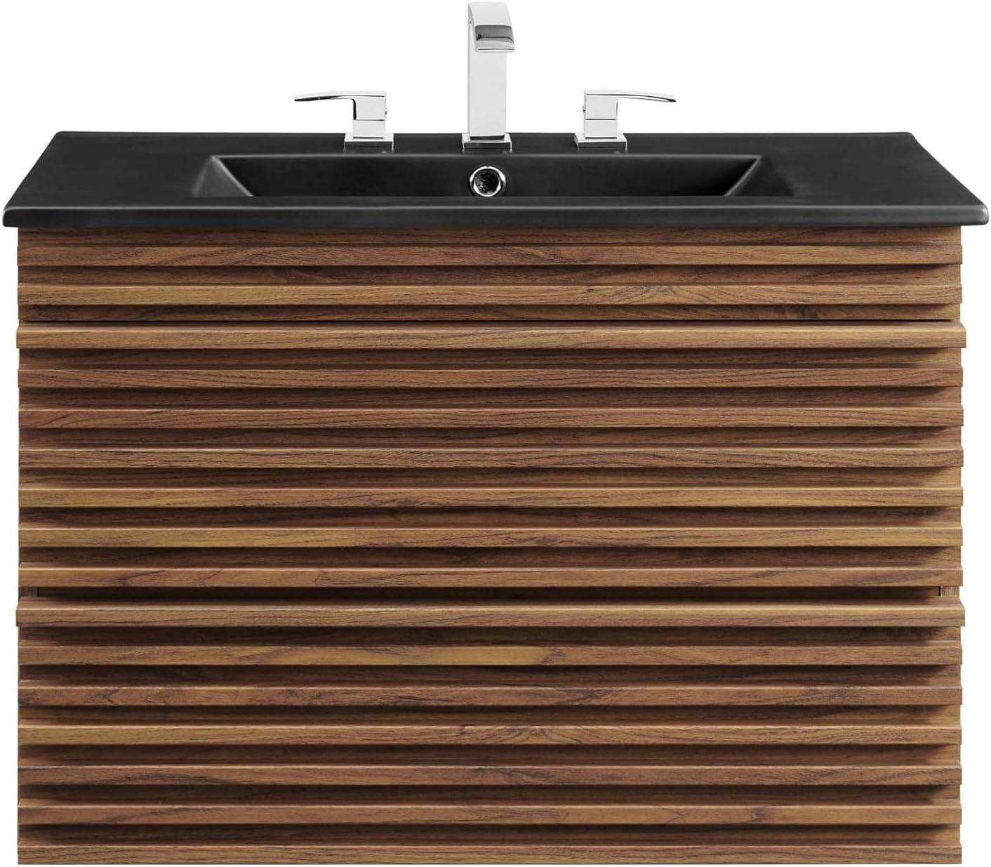 Modway Render Modern Wood Wall-Mount Bathroom Vanity in Walnut/Black