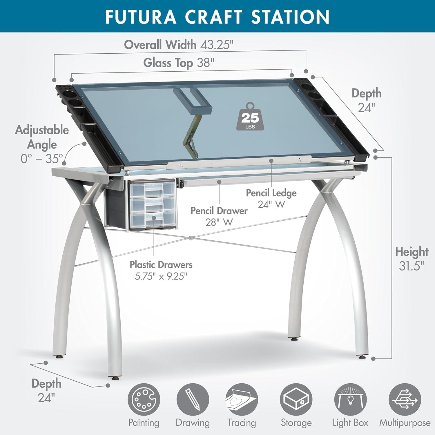 Studio Designs Futura Crafting, Drafting, Drawing Table with Adjustable Top, Silver/Blue Glass- Height 31.50 in.