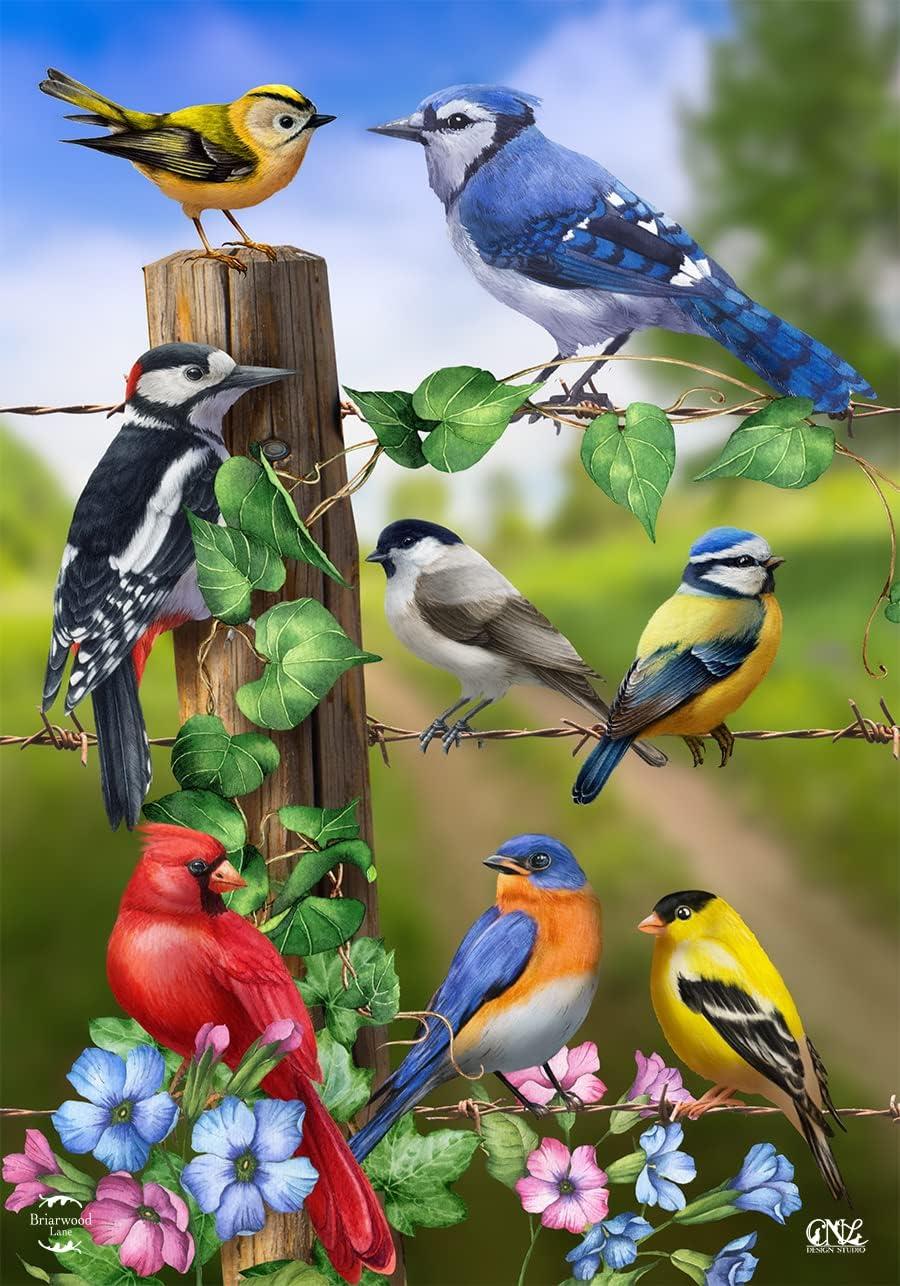 Country Birds Spring House Flag Goldfinches Blue Jay 28" x 40" Briarwood Lane