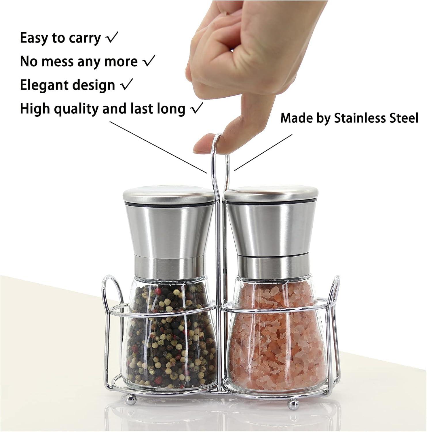 Set Of 2 Premium Stainless Steel Pepper And Salt Grinders With Glass Grinder