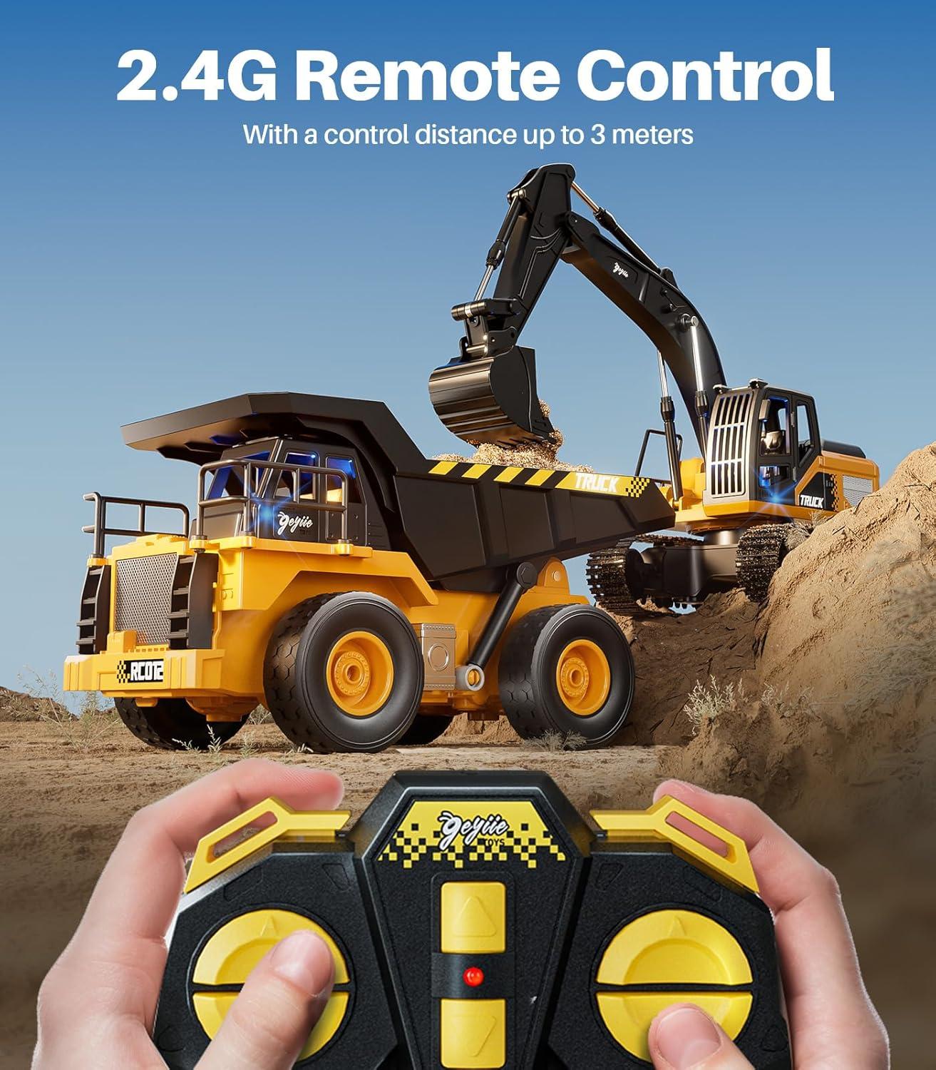 Geyiie Remote Control Dump Truck Toys, RC Construction Vehicles for Boys, RC Tractor Kids Birthday Party Favor Gift for 8-12 Years Old