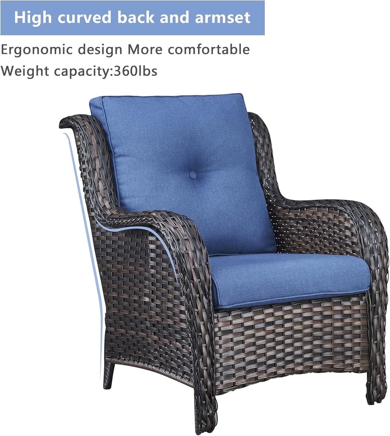 PARKWELL Outdoor Wicker Patio Chairs Set of 2,Lounge Chairs with Cushions for Porch Balcony Backyard,Brown Wicker and Blue Cushions