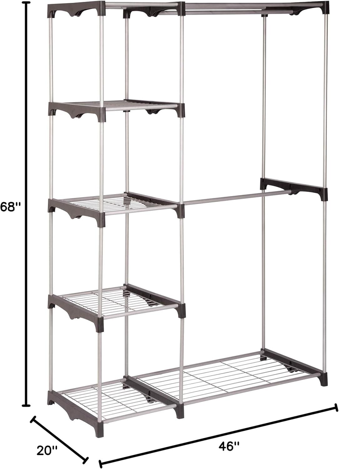 Silver and Black Steel Double Rod Freestanding Closet with Shelves