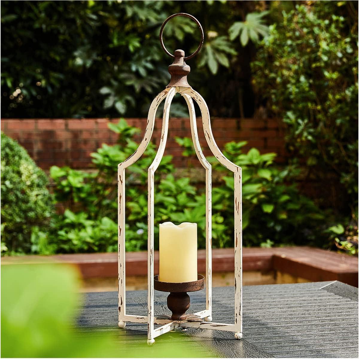 White Geometric Iron Tabletop Candle Lantern with Antique Finish