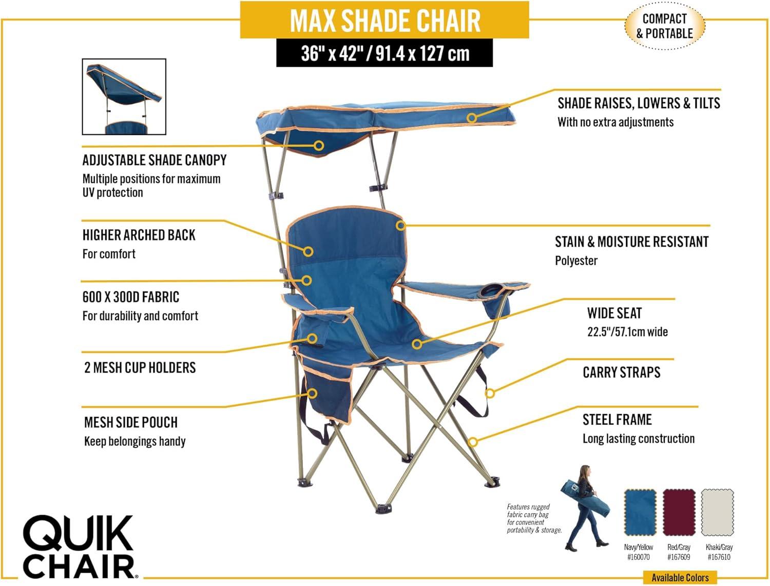 Quik Shade Max Shade High and Wide Folding Camp Tilt UV Sun Protection Canopy Chair