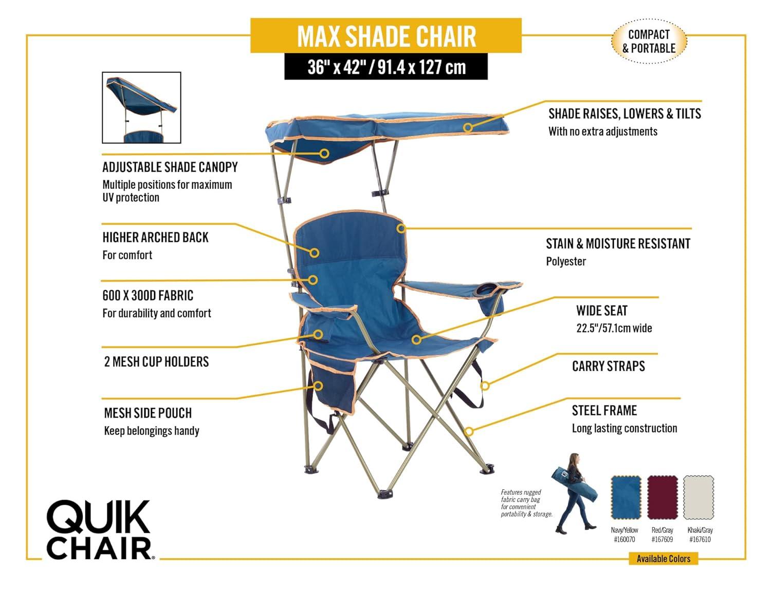 Quik Shade Max Shade High and Wide Folding Camp Tilt UV Sun Protection Canopy Chair