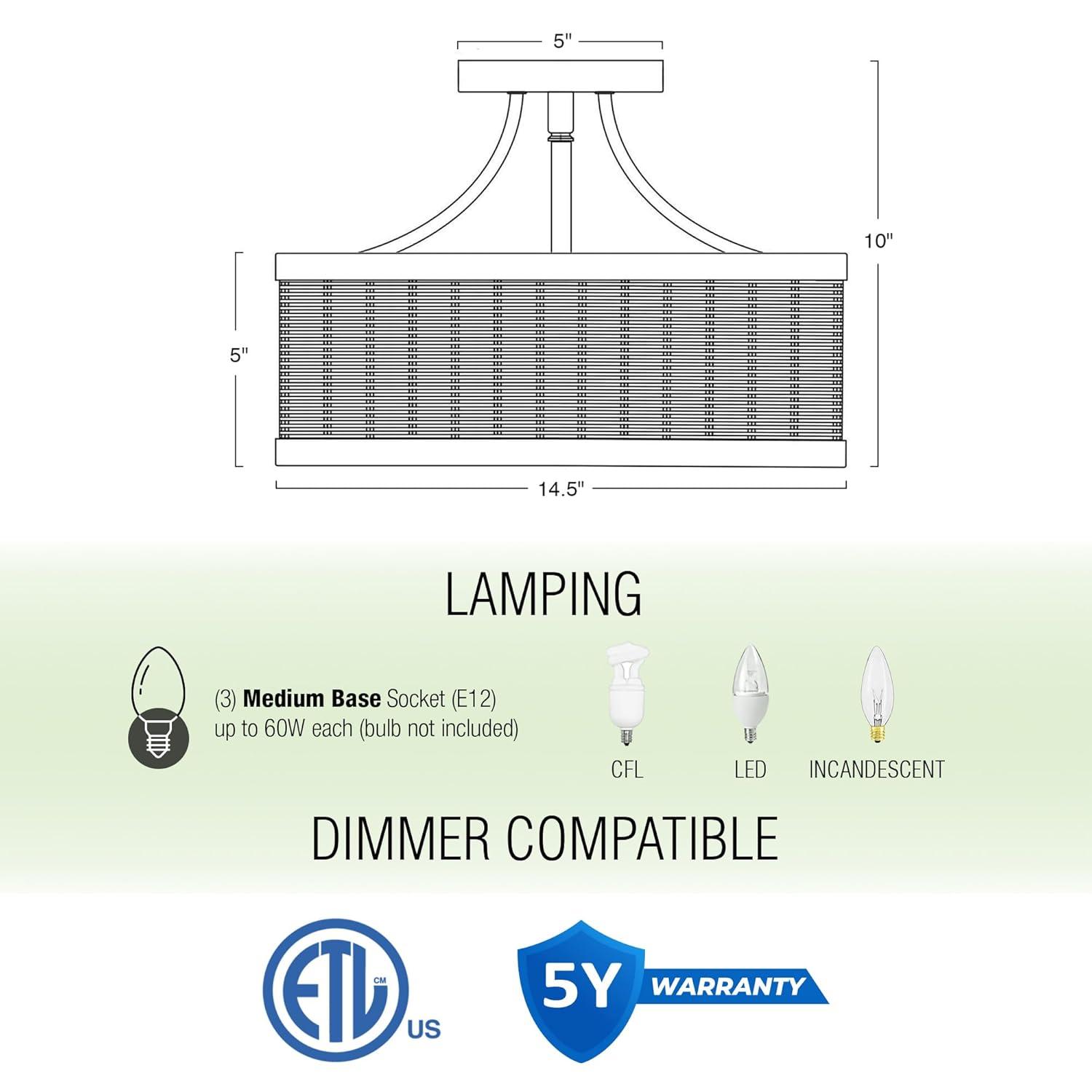 Kira Home Zora 15" 3-Light Modern Semi Flush Mount Ceiling Light + Rattan Wicker Drum Shade, Oil Rubbed Bronze Finish