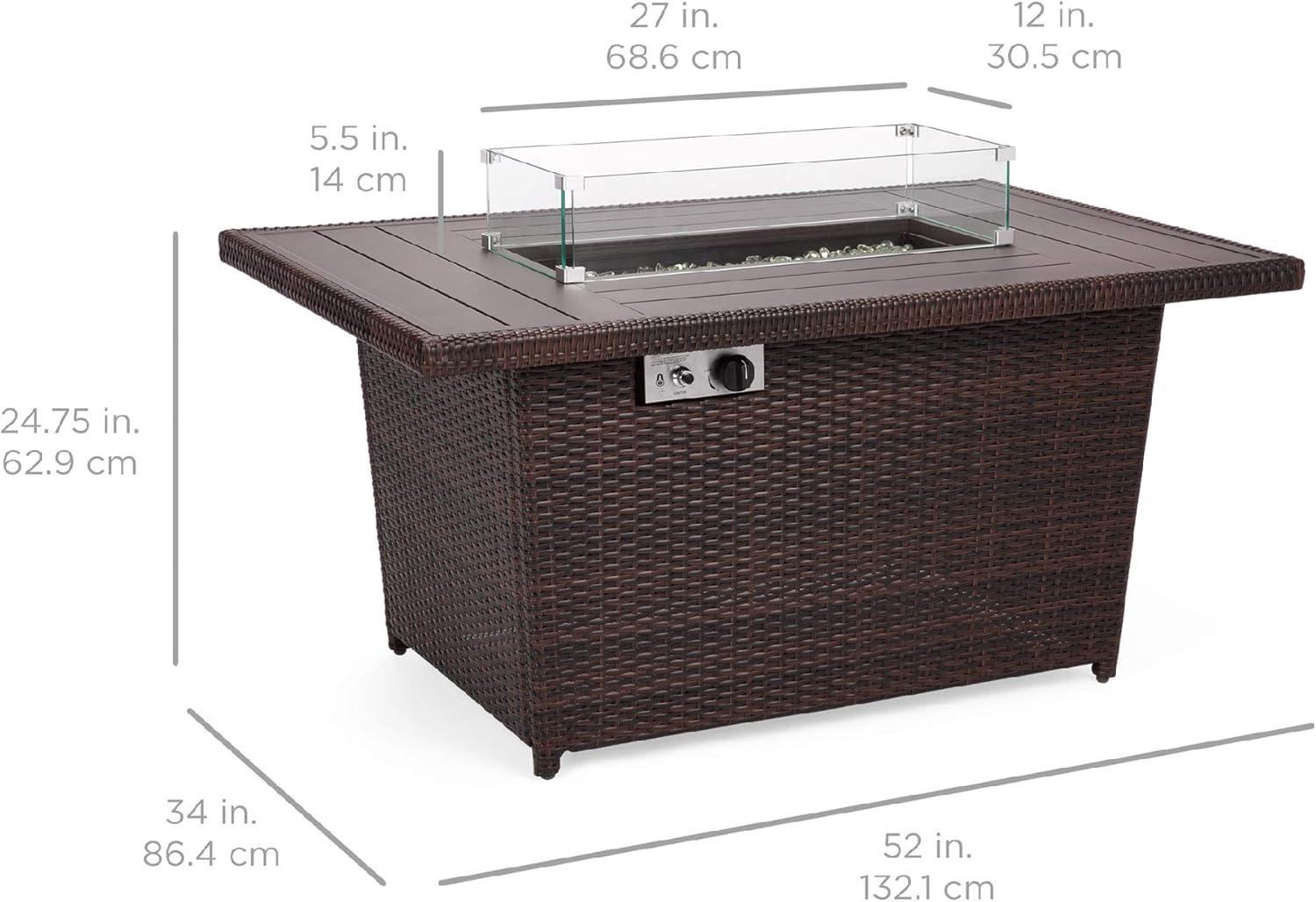 Brown Wicker and Aluminum Gas Fire Pit Table with Glass Guard