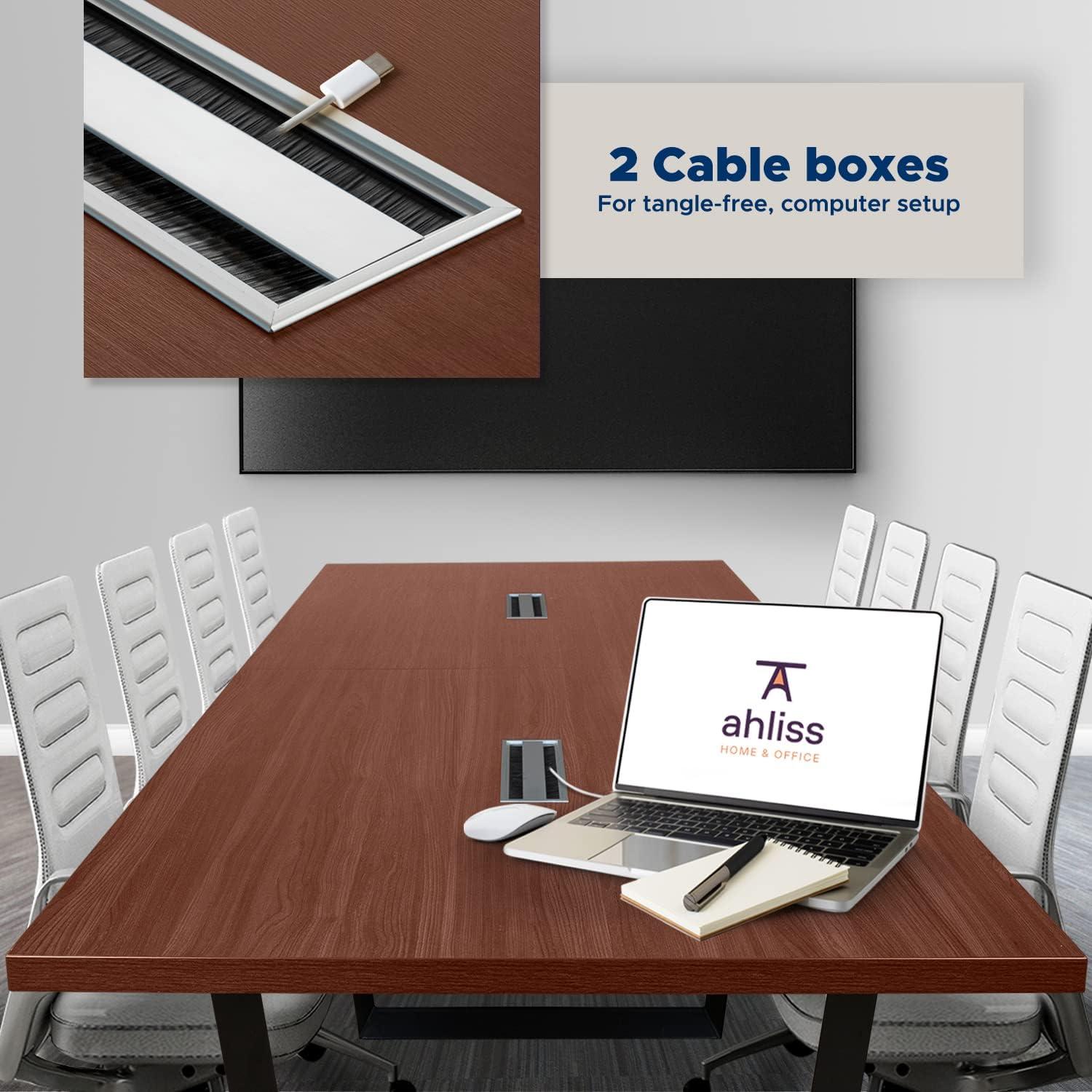 Sturdy Conference Table With Cable Management Grommets By Ahliss- Modern Rectangle Office Meeting Table With Wood Tabletop And Metal Frame & Legs- Easy Assembly Boardroom Table