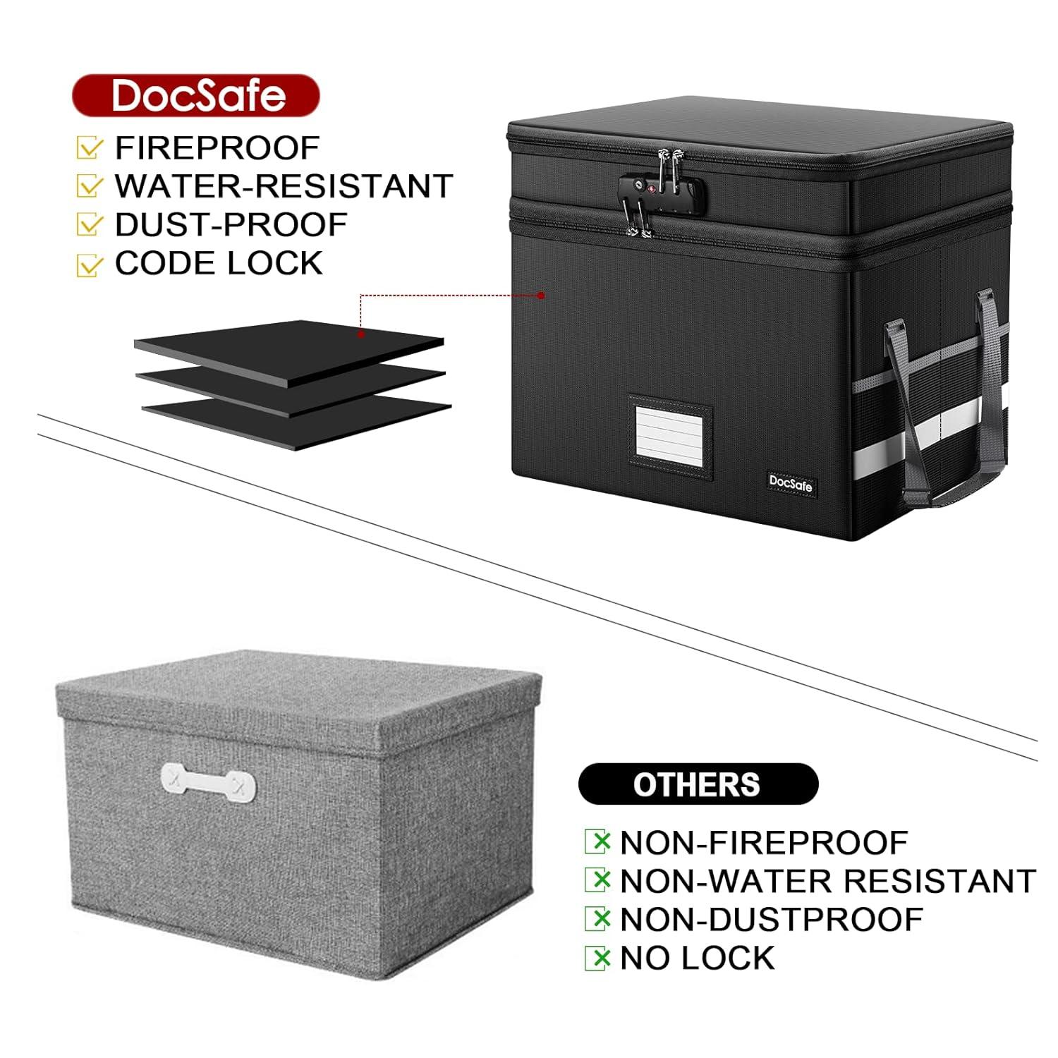 DocSafe File Box with Lock,Multi-Layer Fireproof Document Box Collapsible File Storage Organizer with Pockets/Handle,Large Portable Home Office Filing Safe for Hanging Letter/Legal Size Folders,Black