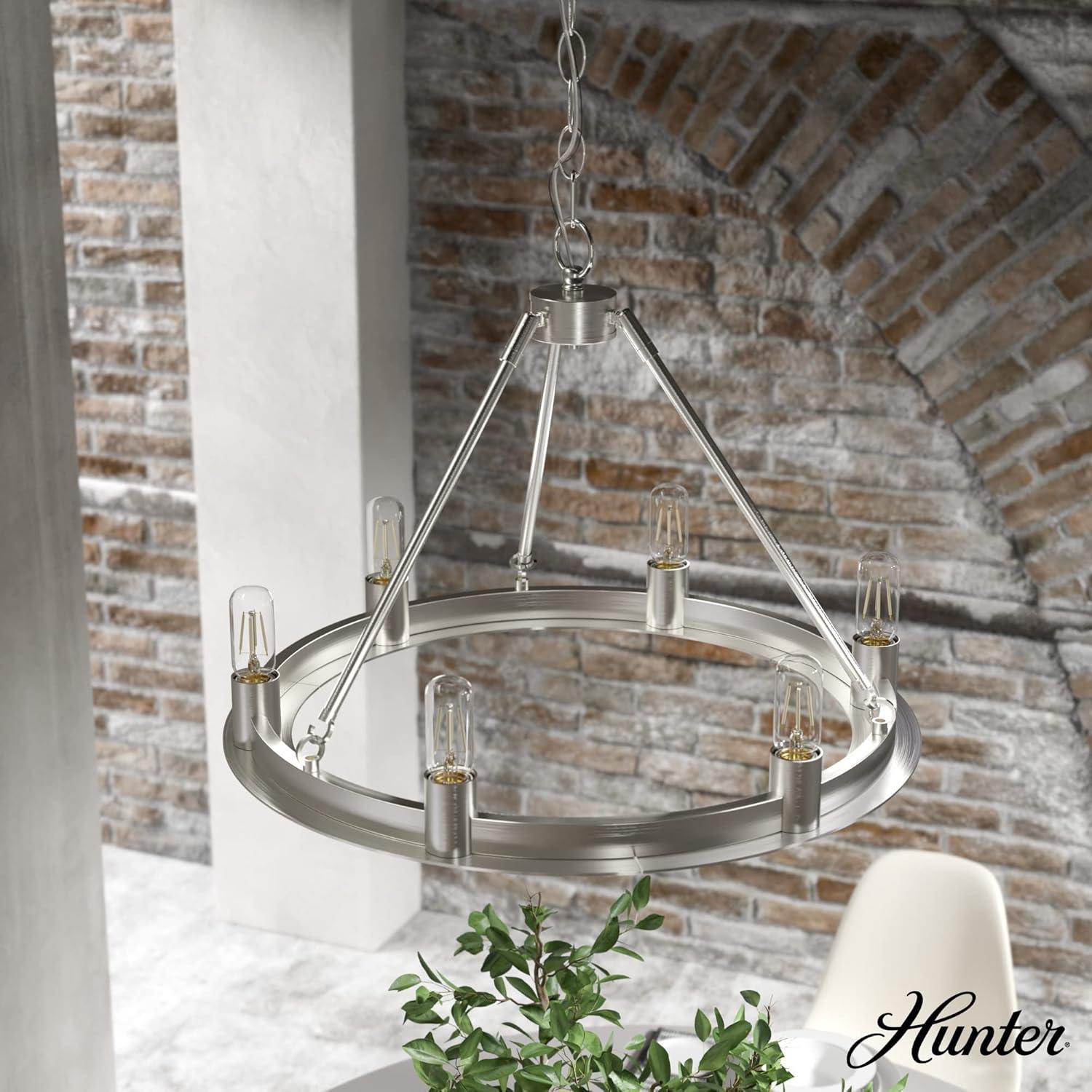 Hunter - Saddlewood 6-light Brushed Nickel, Large Chandelier, Dimmable, Casual Style, Wagon Wheel Shaped, for Bedrooms, Kitchens, Dining, Living Rooms - 19034
