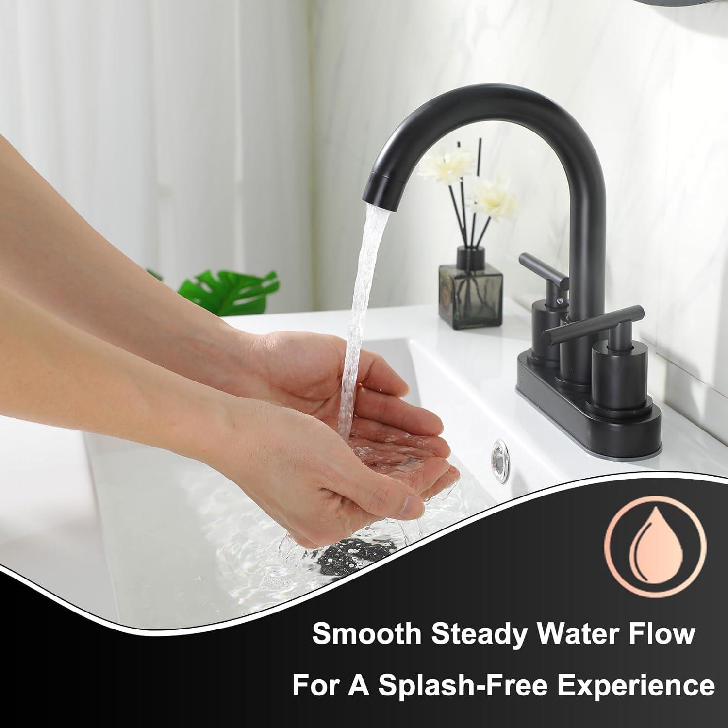 Brushed Nickel Bathroom Faucet, 2-Handle Lead-Free 360° Swivel High-Arc Spout 4 Inch Centerset Bath Lavatory Vanity Sink Faucets Set for Sinks with Drain & Water Hoses, VABM80008L