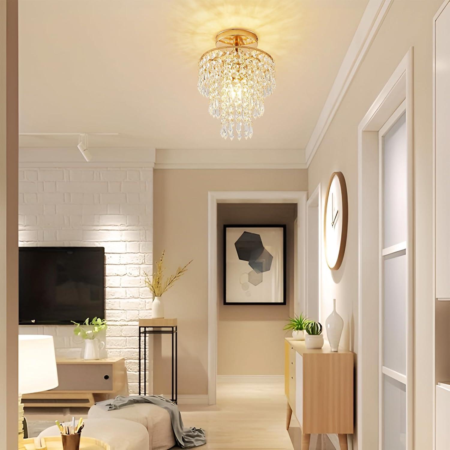 Modern Mini Crystal Chandelier, 3-Tier Raindrops Design Small Chandelier Light Fixture, Flush Mount Ceiling Light Fixture for Bedroom, Hallway, Living Room - E26 Base, Chandelier for Bedroom (Gold)