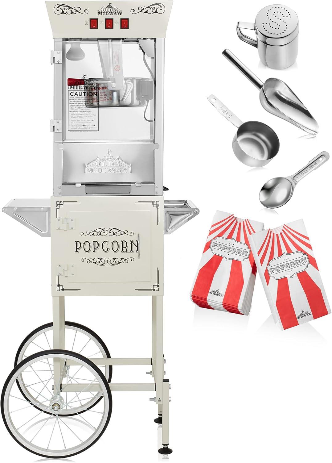 Olde Midway Movie Theater-Style Popcorn Machine Popper with Cart and 10 oz Kettle, Cream