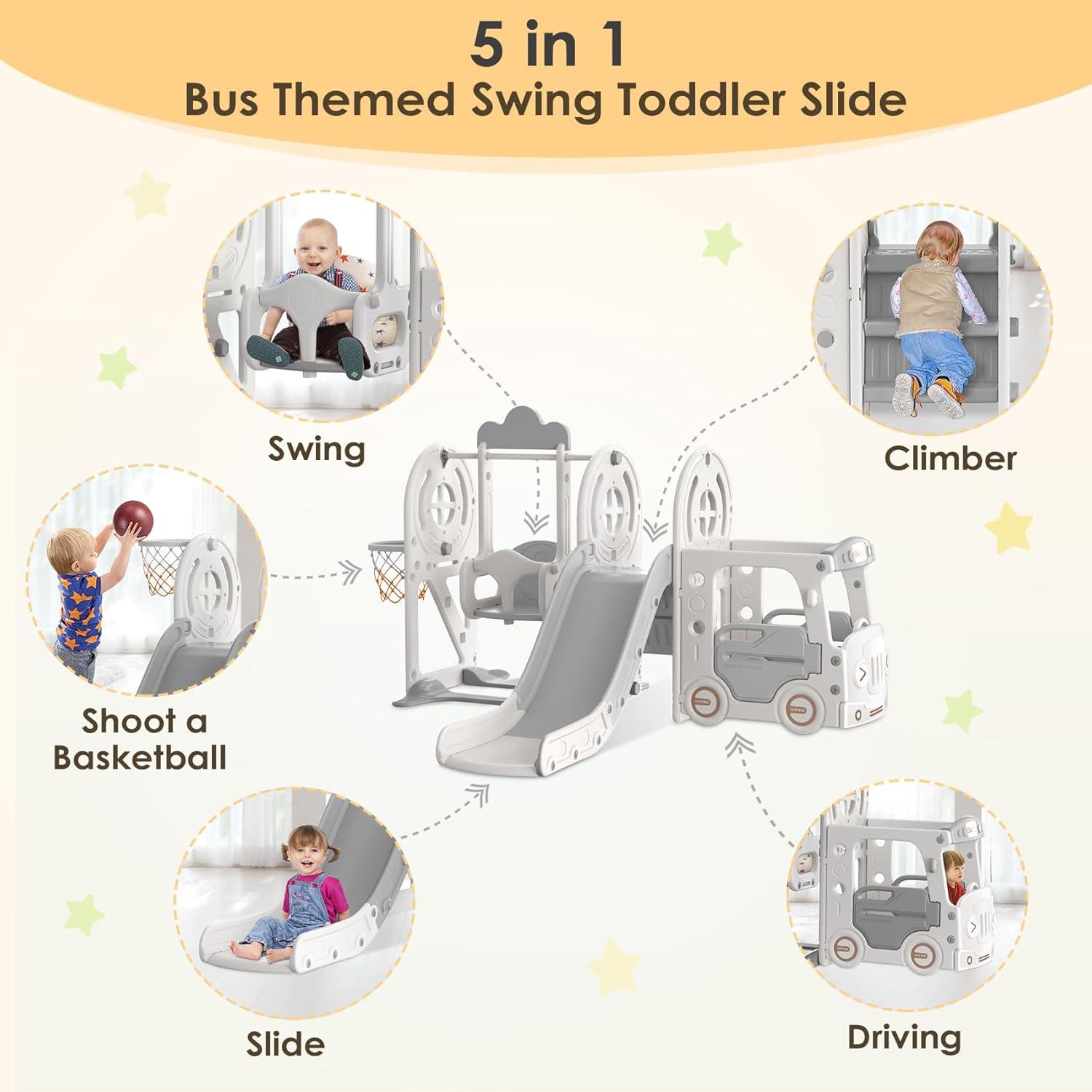 Suteck 5 in 1 Toddler Slide, Kids Slide with Climber,Bus Playhouse and Swing Outdoor Indoor Slide Playset