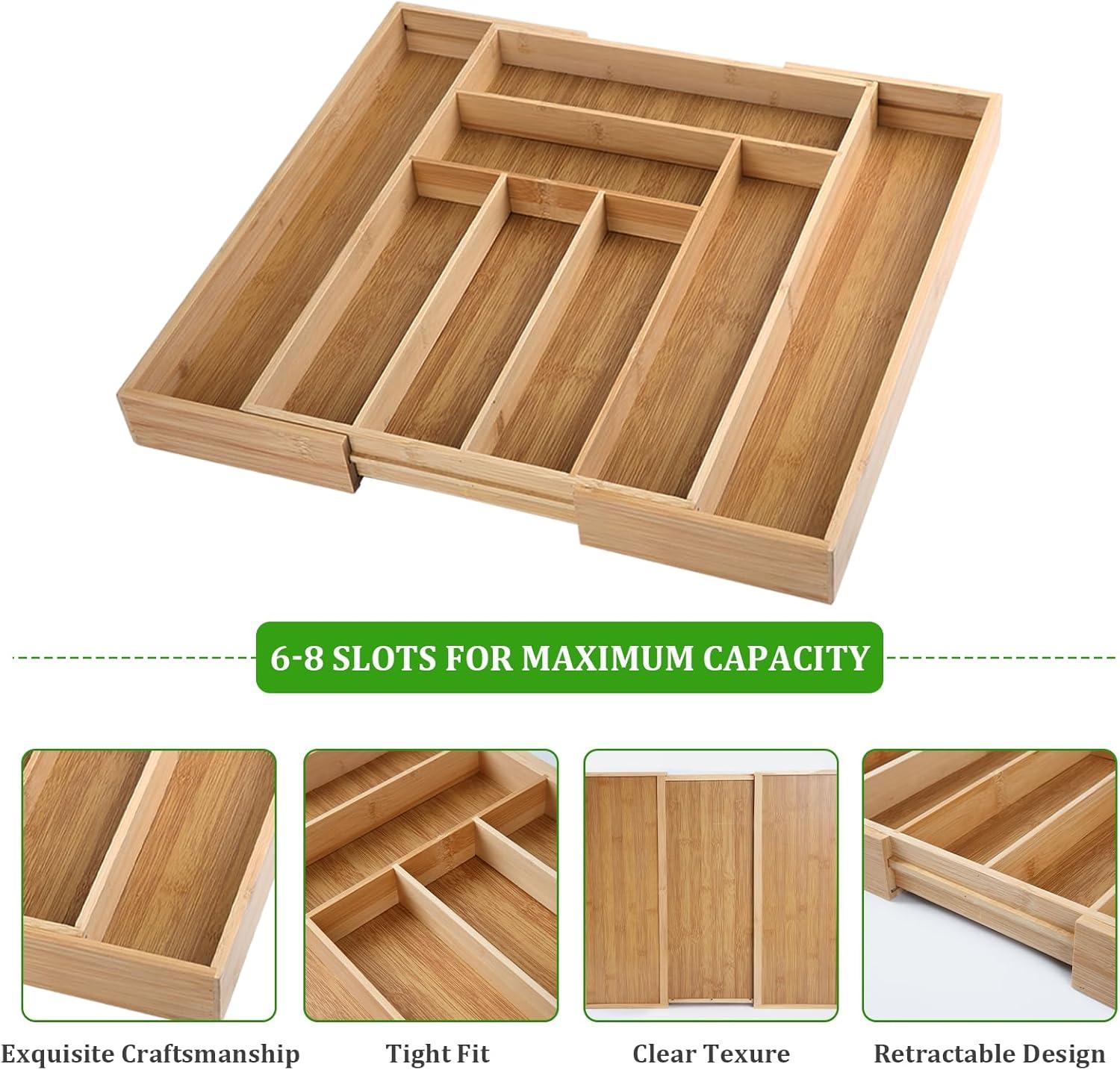 Kitchentrend Bamboo Expandable Drawer Organizer 6-8 Slot Kitchen Organizer Utensil Tray for Drawers 19.3x17.52x2.2 Inches