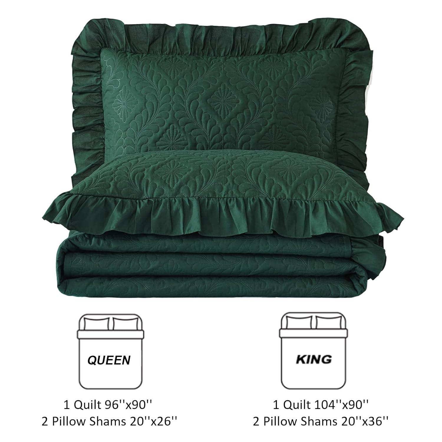 DJY Queen Quilt Set Emerald Green 3 Pieces Ruffled Bedspreads Quilt Queen Lightweight Bedspread Queen Size Bedding Coverlet for All Seasons (Includes 1 Quilt, 2 Pillow Shams)