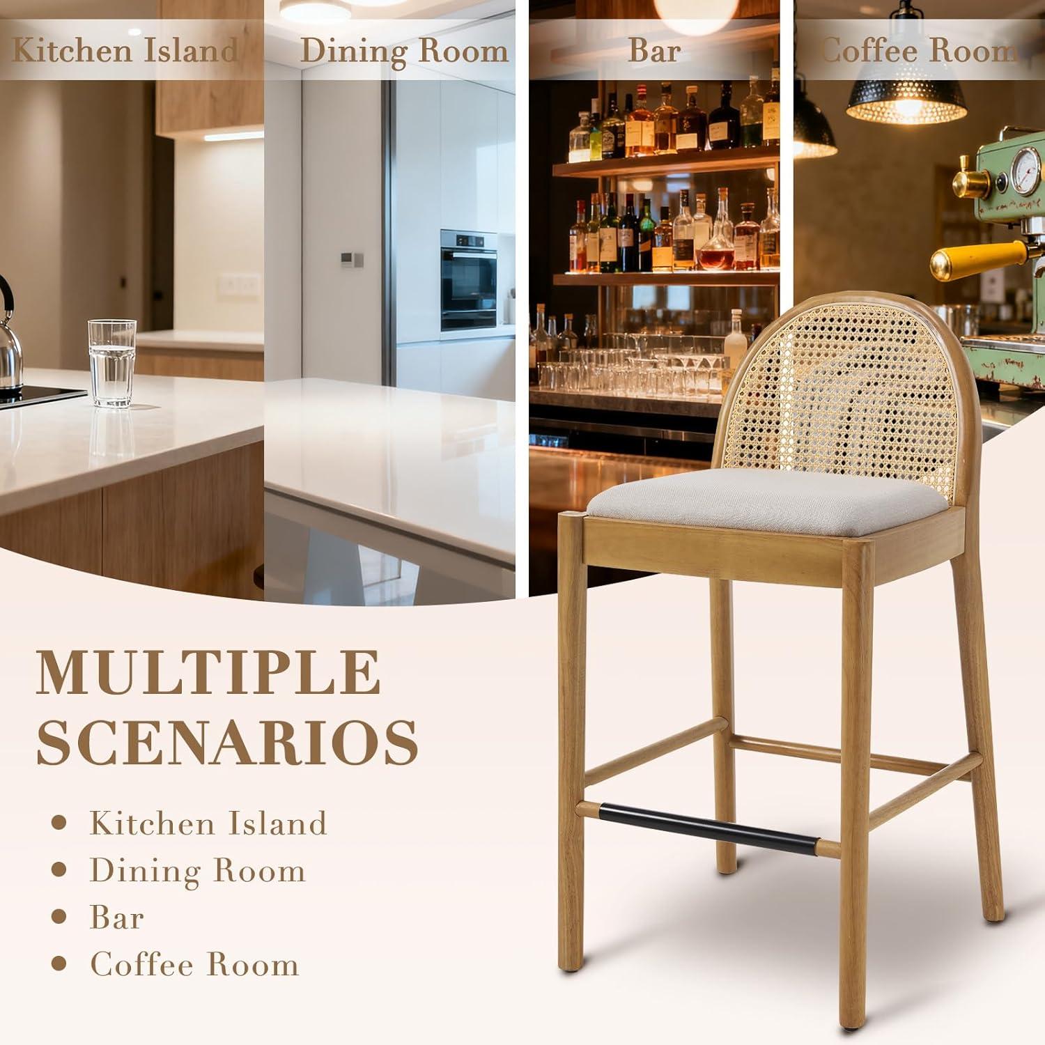 Bayou Breeze Emington Modern Stools with Rattan Backrests and Wood Frame (Set of 2)