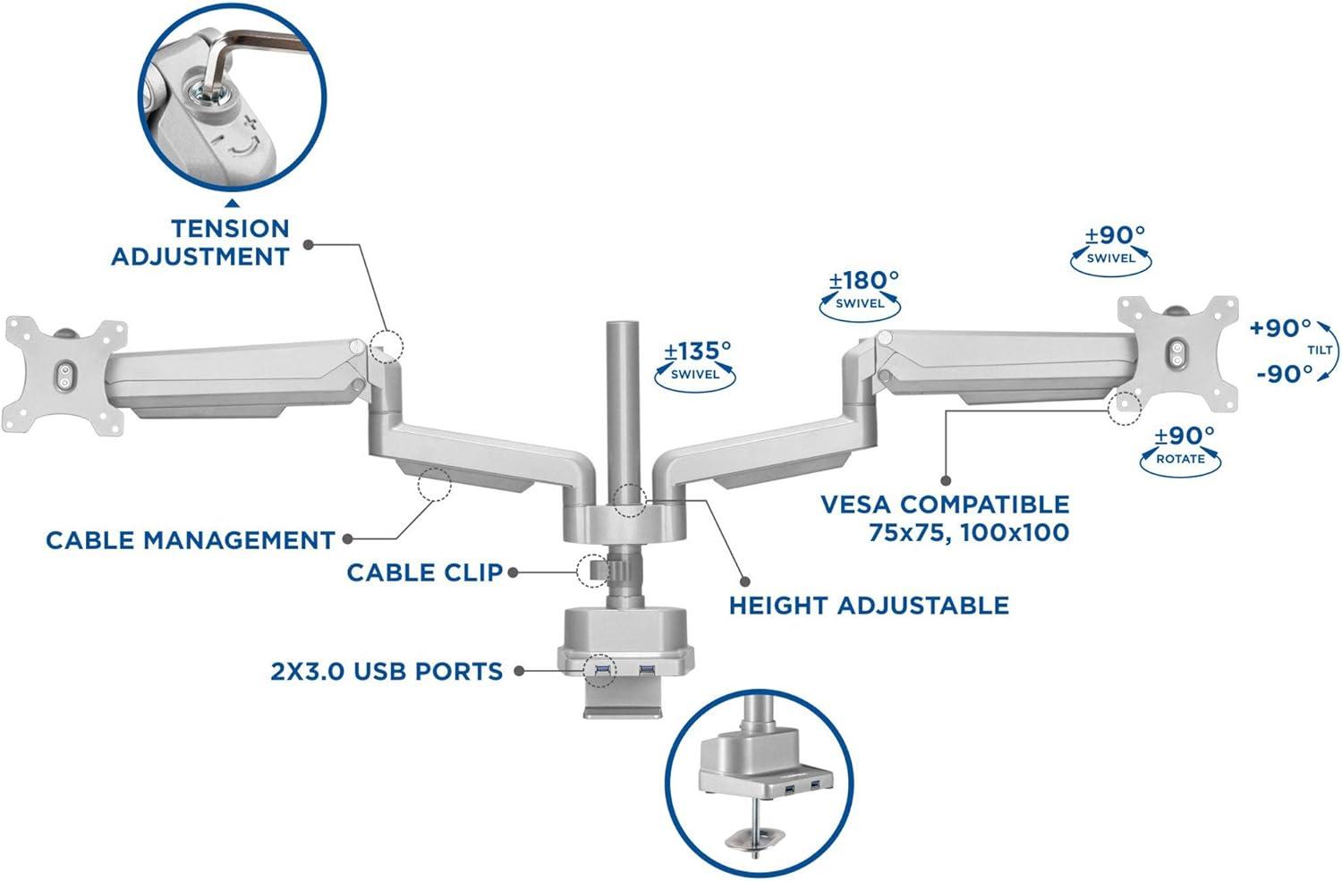 Gray Dual Monitor Arm with USB Ports and Adjustable Swivel