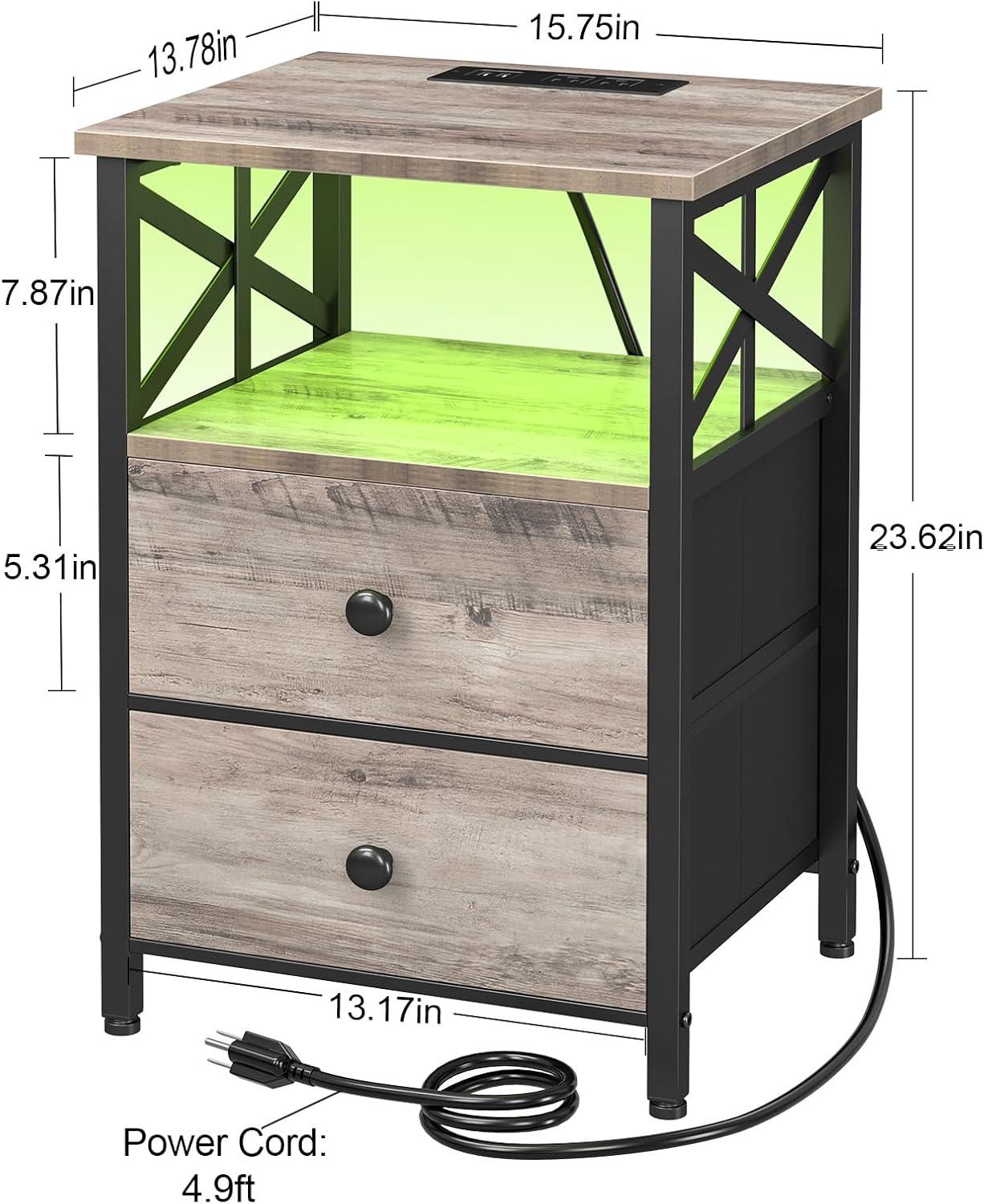 Greige Industrial Nightstand Set with LED and Charging Station