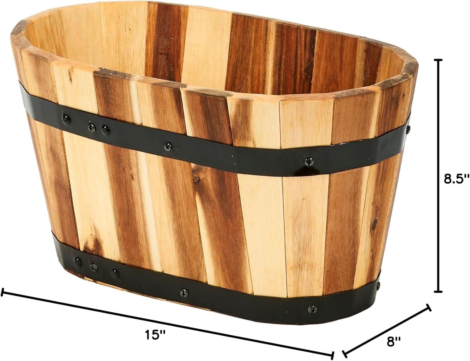 15" Brown Acacia Wood Oval Barrel Planter