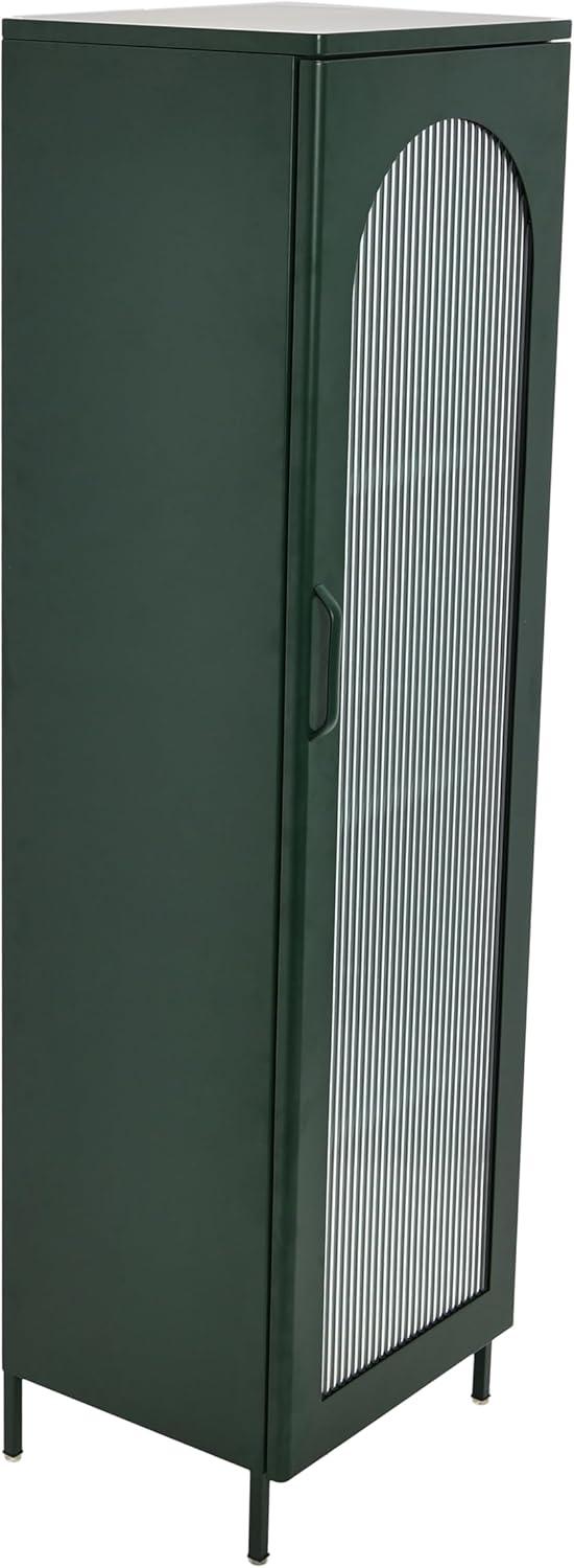 Storied Home Tall Metal Accent Cabinet: Arched Glass, 4 Shelves, Dark Green, 57" H