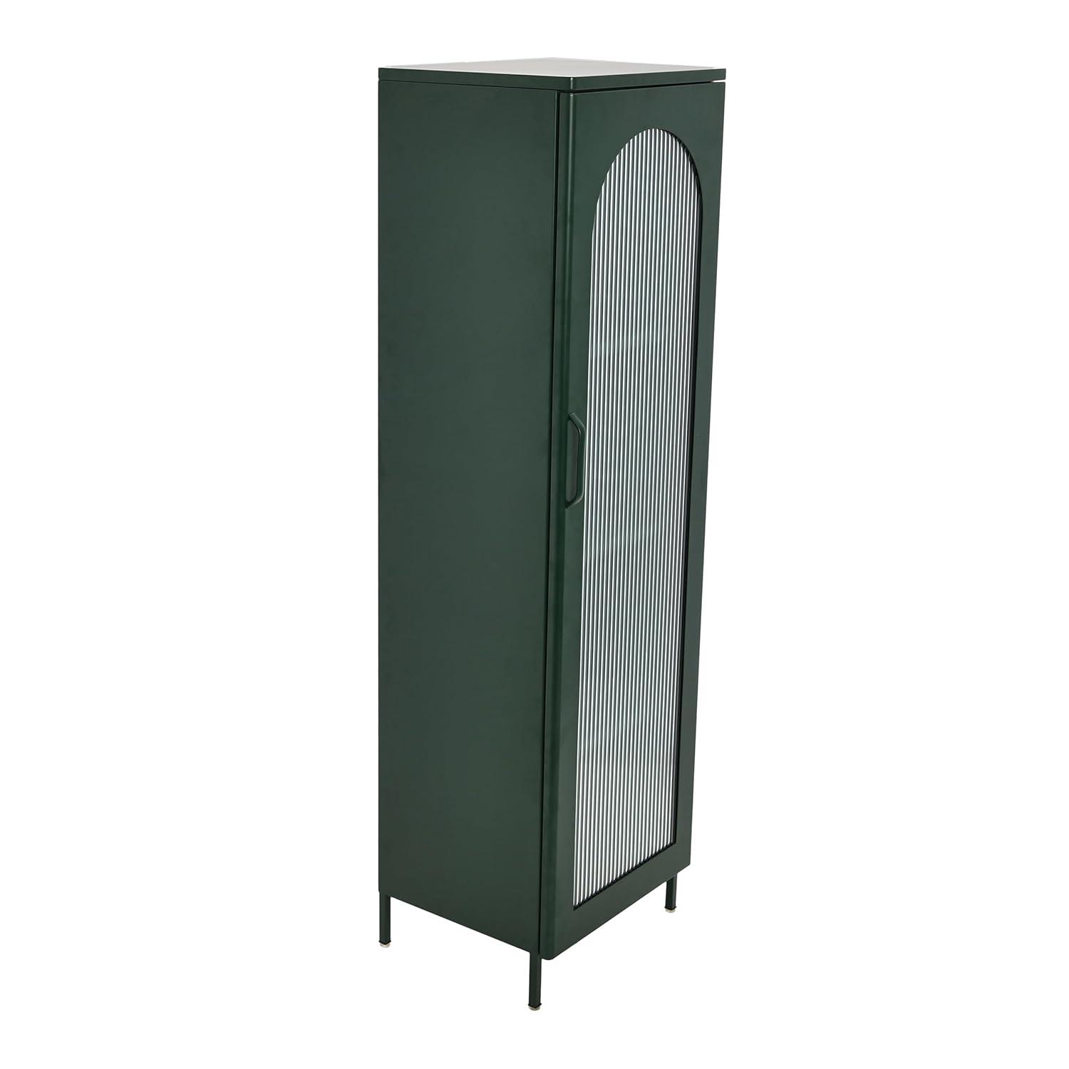 Storied Home Tall Metal Accent Cabinet: Arched Glass, 4 Shelves, Dark Green, 57" H