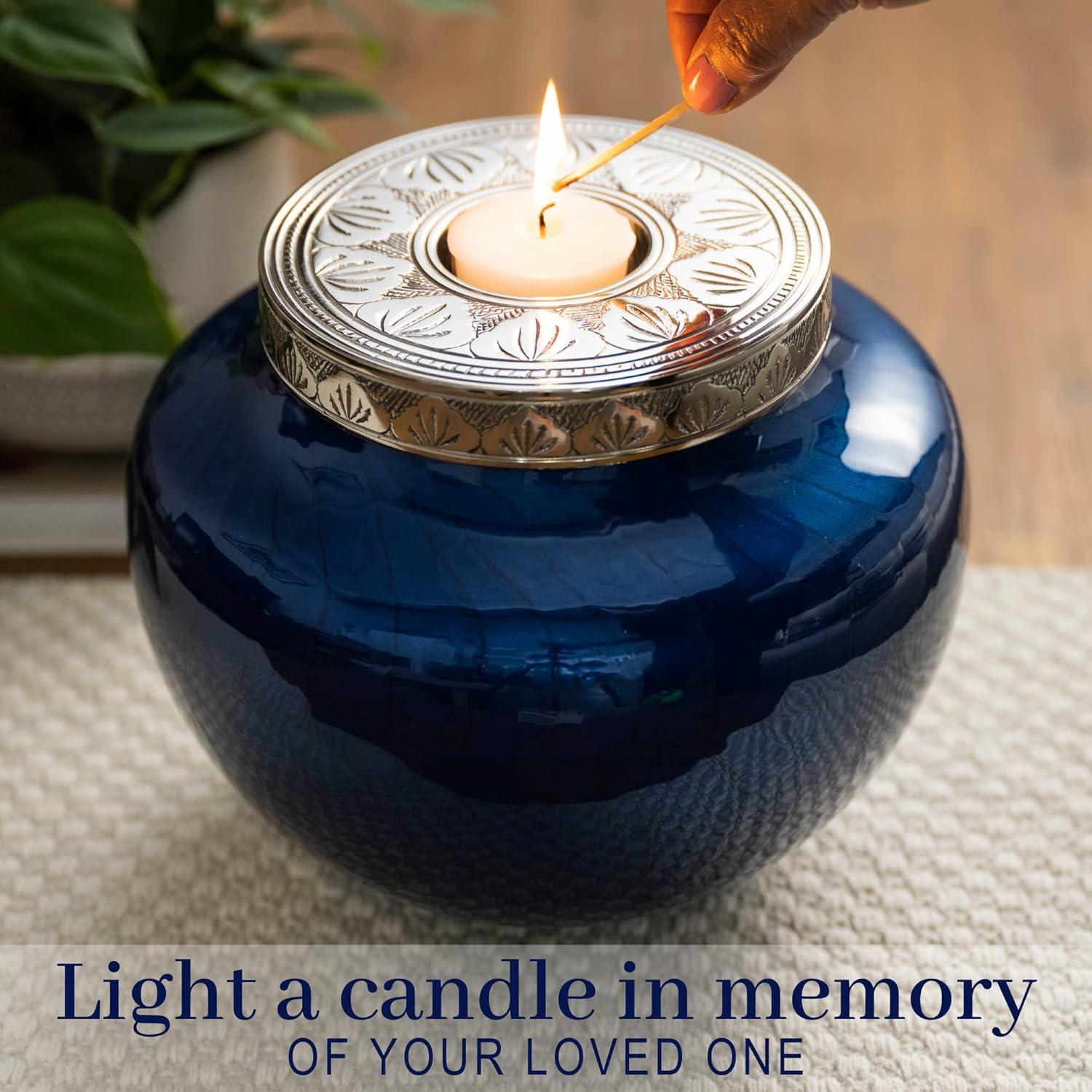 FOVERE – Mini Keepsake Urn for Human Ashes - Small Blue Cremation Urns with Elegant Silver Engraving – Holds a Small Portion of Ashes – 100% Handcrafted Decorative Urns for Human Ashes – Navy Blue