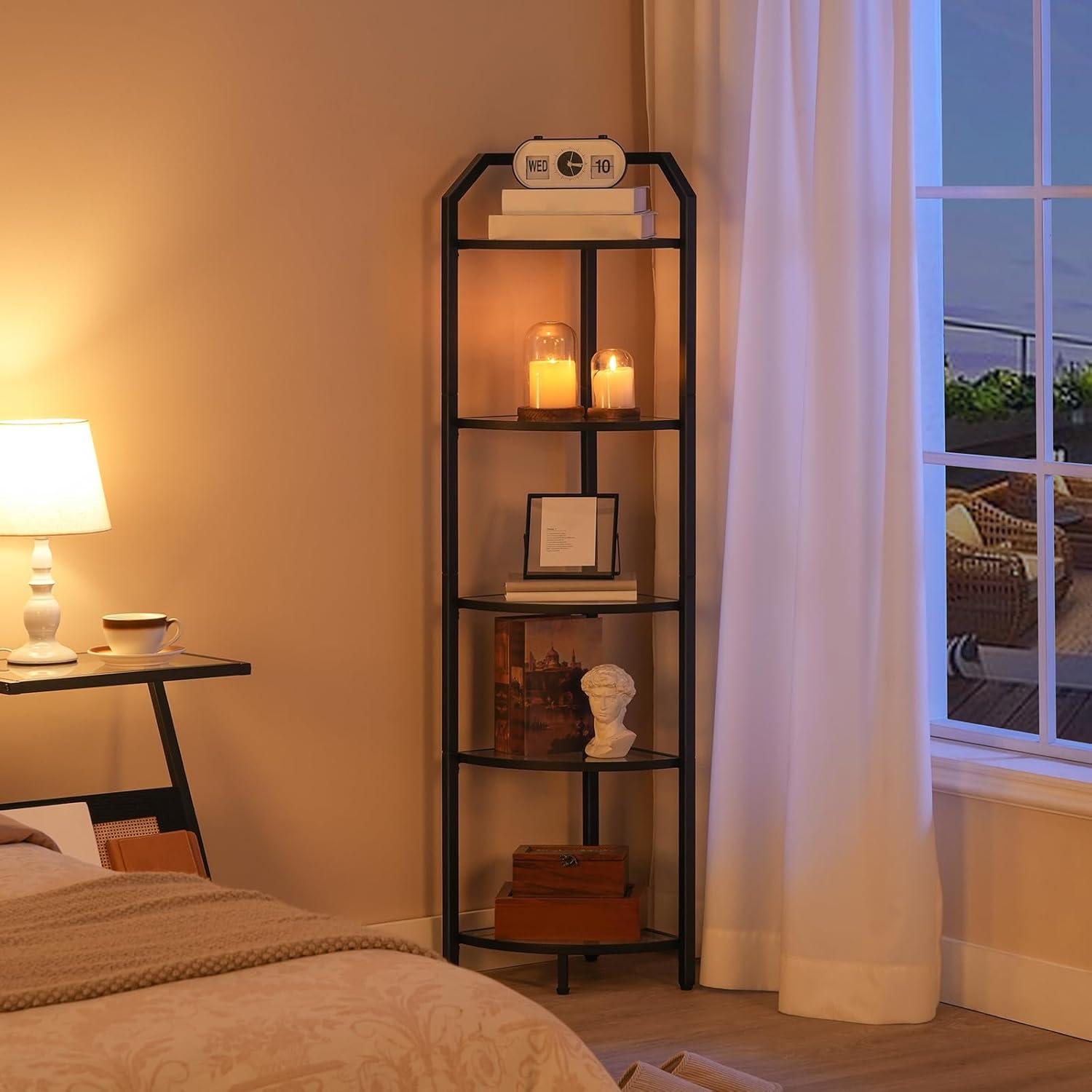 HOOBRO 5-Tier Corner Shelf Stand, Black Corner Bookshelf, Tempered Glass Shelves, Bathroom Organizer, Corner Plant Stand, for Living Room, Study, Balcony, Home Office, Modern Style, Black BK15CJ01