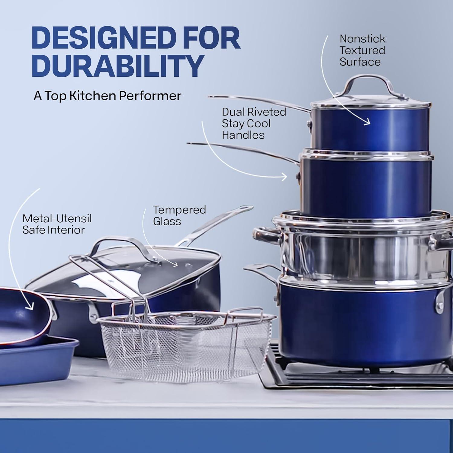 Blue Non-Stick Aluminum and Stainless Steel 20-Piece Cookware Set