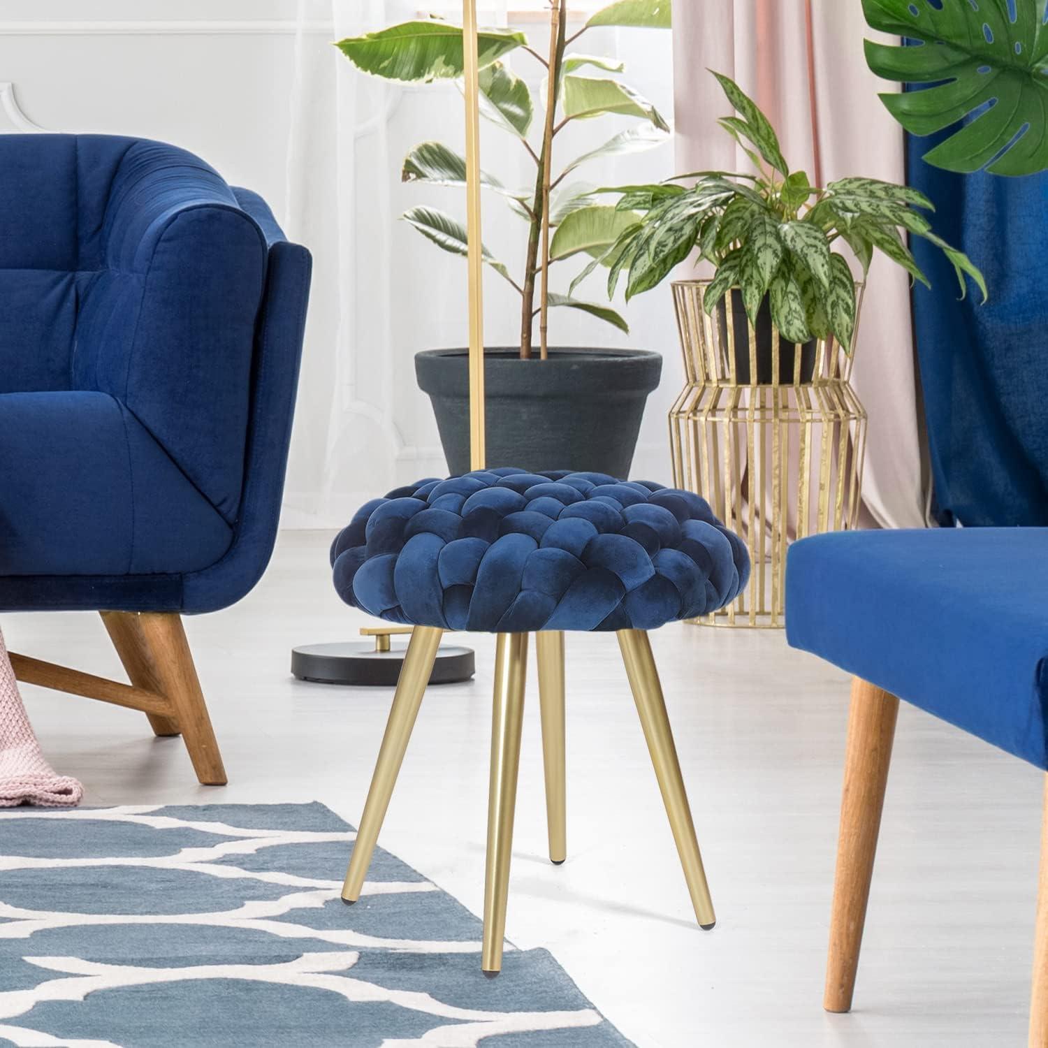 Blue Velvet Round Ottoman with Gold Metal Legs