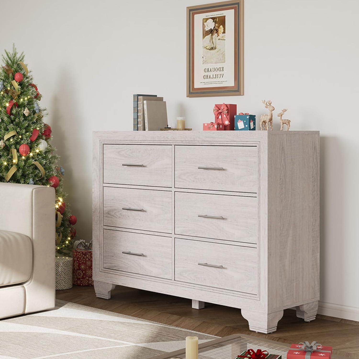 White Mid-Century Modern 6-Drawer Dresser with Mirror