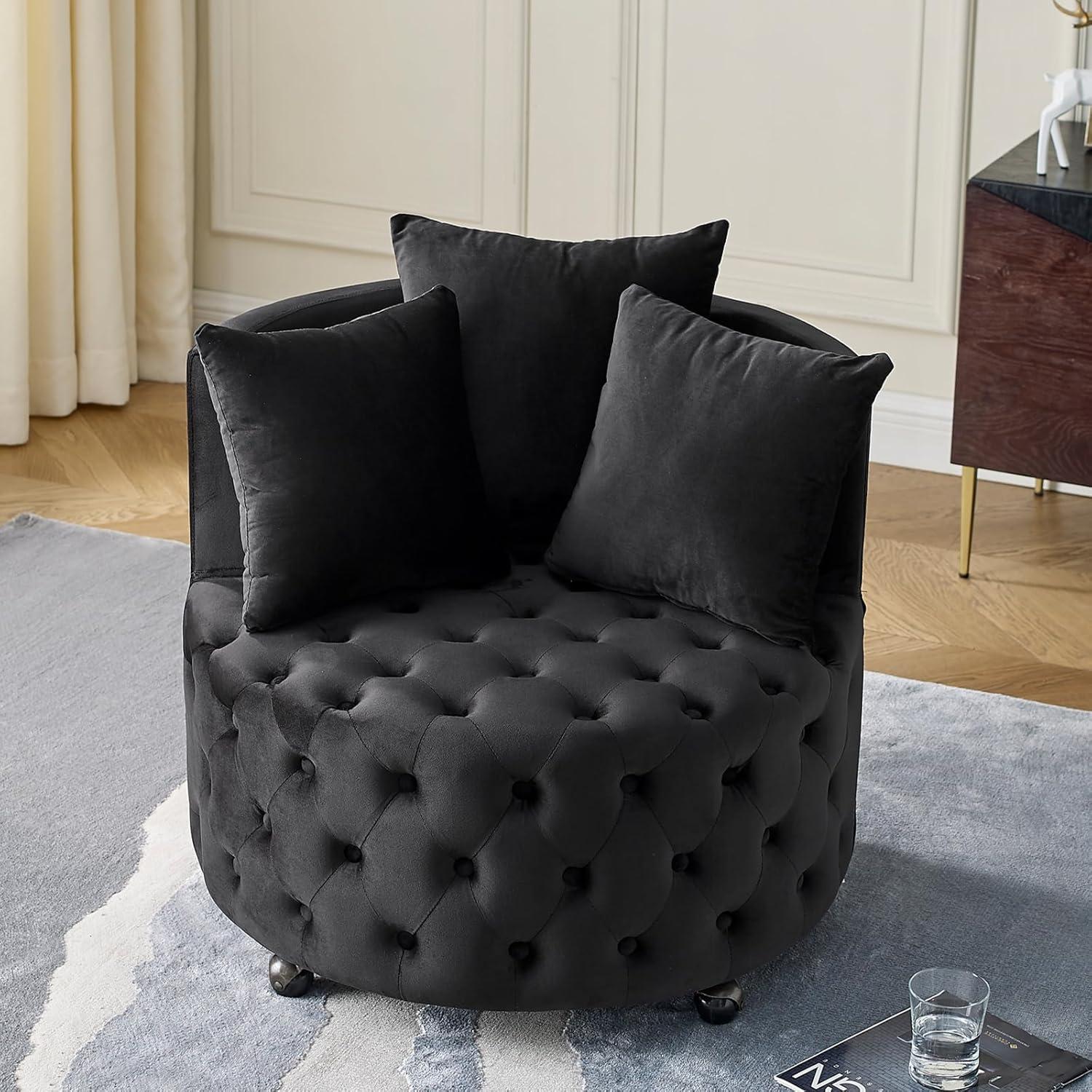 Swivel Barrel Accent Chair, 30in Modern Velvet Round Sofa Chair with 3 Pillows and Wheels, Comfy Tufted Club Lounge Chair for Living Room, Bedroom(Beige)
