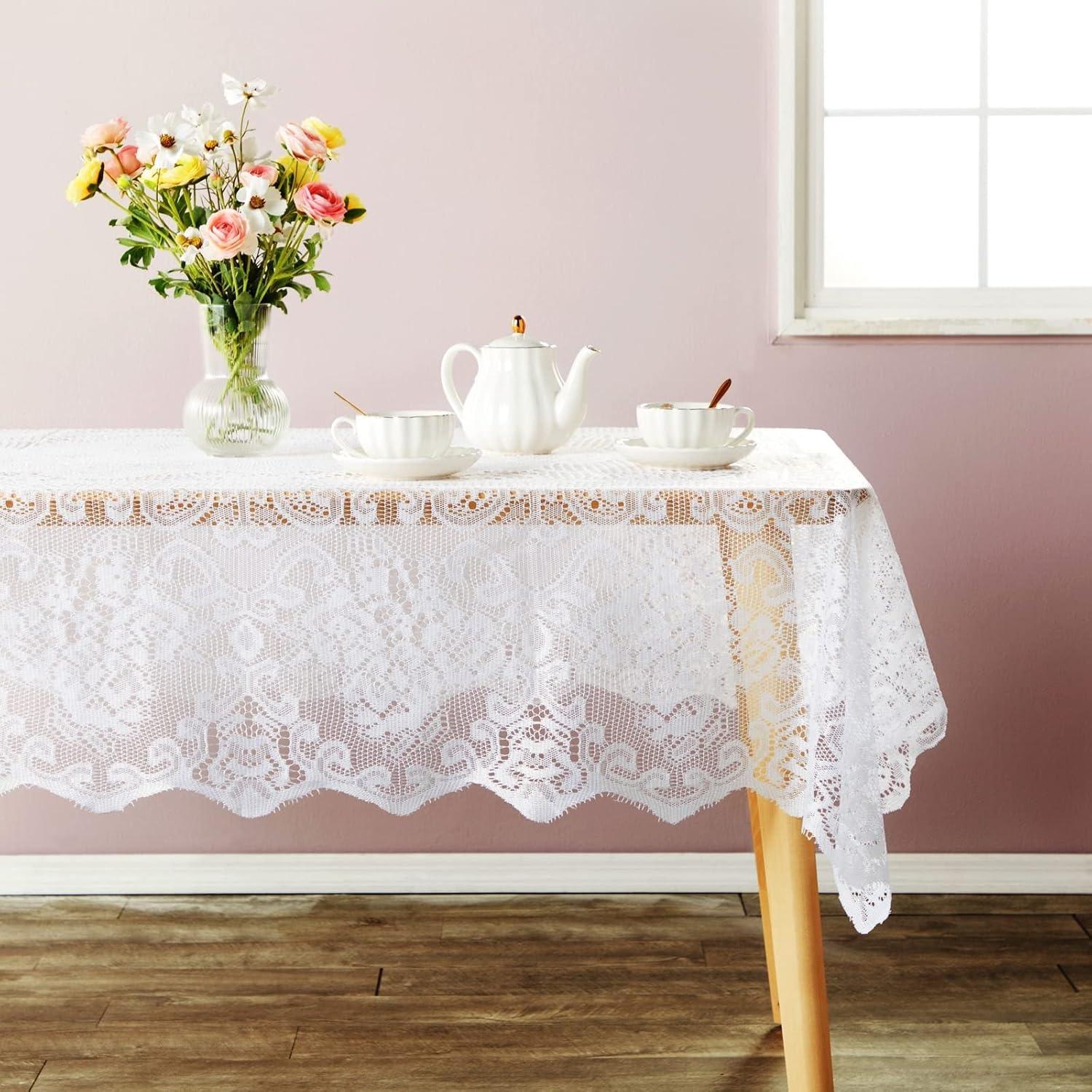 White Lace Rectangular Tablecloth with Floral Pattern, 60 x 97 Inches