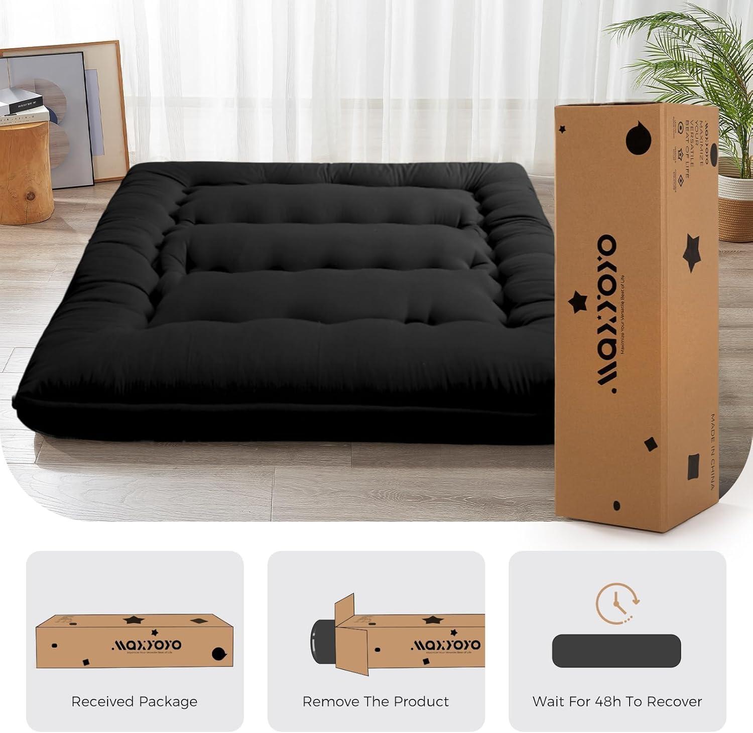 MAXYOYO 6" Thick Japanese Floor Mattress Futon Mattress, Foldable Tatami Pad for Adults, Roll Up Floor Bed for Guest Room Bedroom RV, Black, Twin