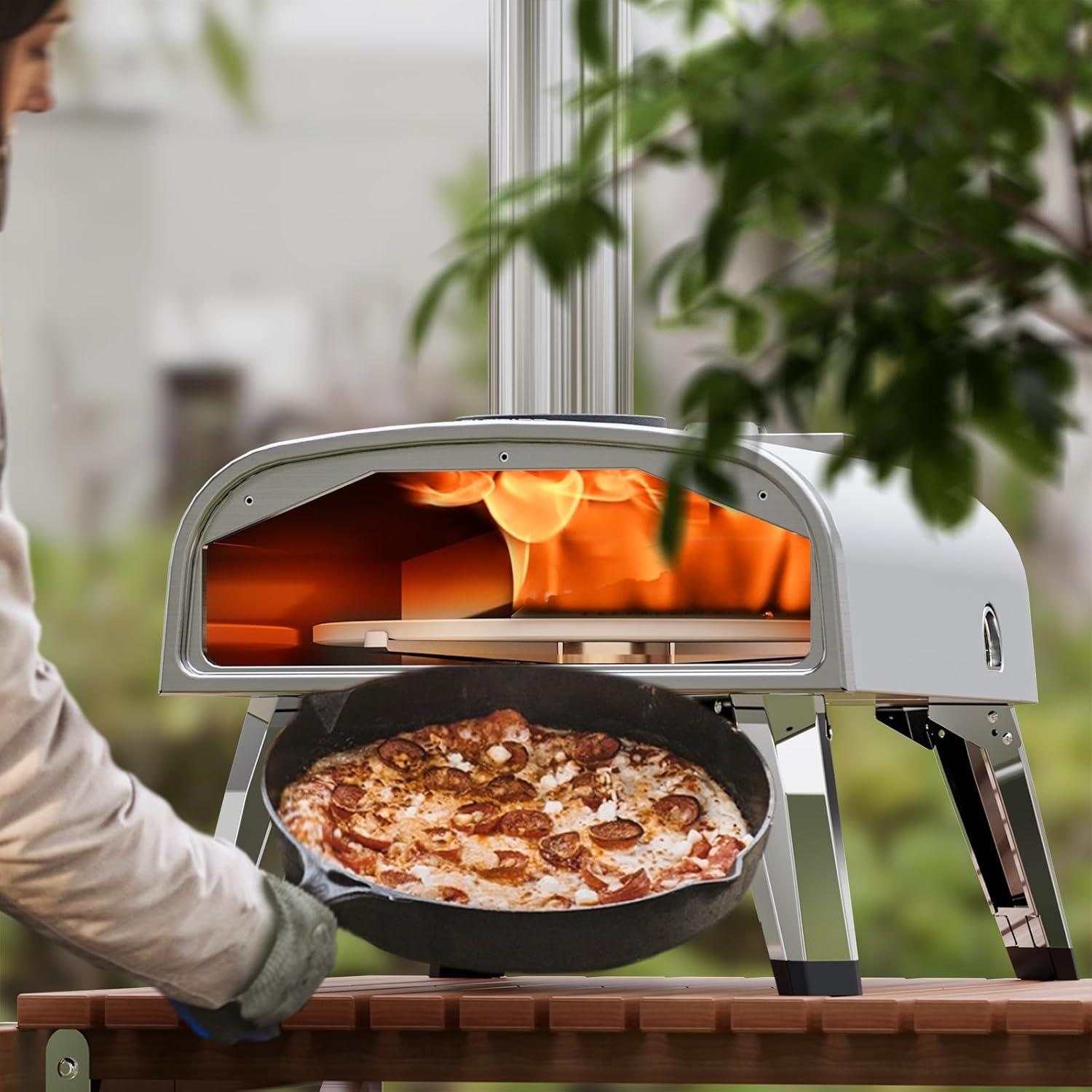 Pizza Oven Outdoor 12" Wood Fired Pizza Ovens Pellet Pizza Stove for Outside, Portable Stainless Steel Pizza Oven for Backyard Pizza Maker Portable Mobile Outdoor Kitchen (Swivel Grey)